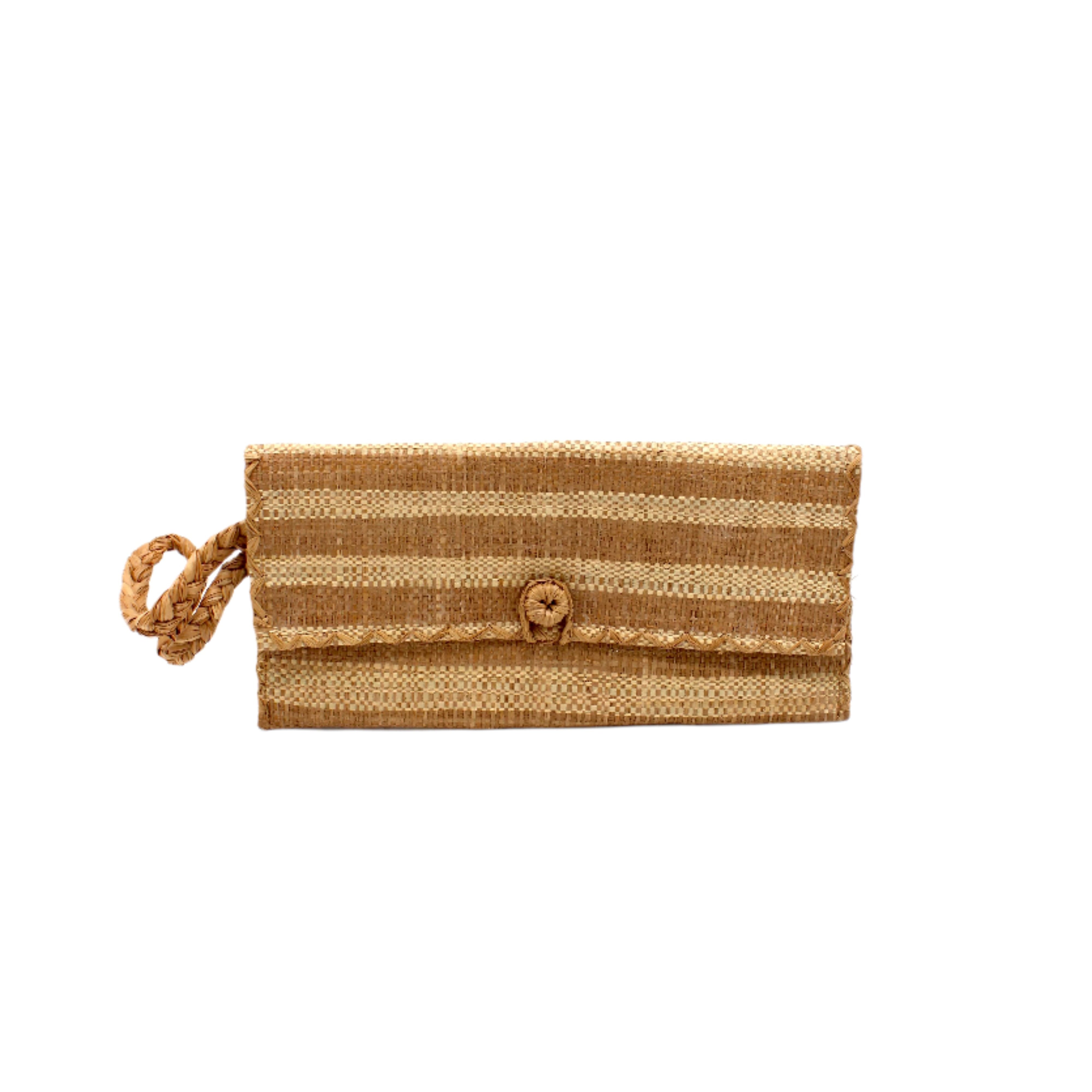 ChiChi Cappuccino Two Tone Stripe Multicolor Straw Clutch Bag handmade loomed raffia palm fiber wristlet in even-width bands of cappuccino light/brown/beige and natural straw color that create a horizontal stripe pattern with matching color cross stitch edging, button & loop closure, and braided wrist strap - Shebobo