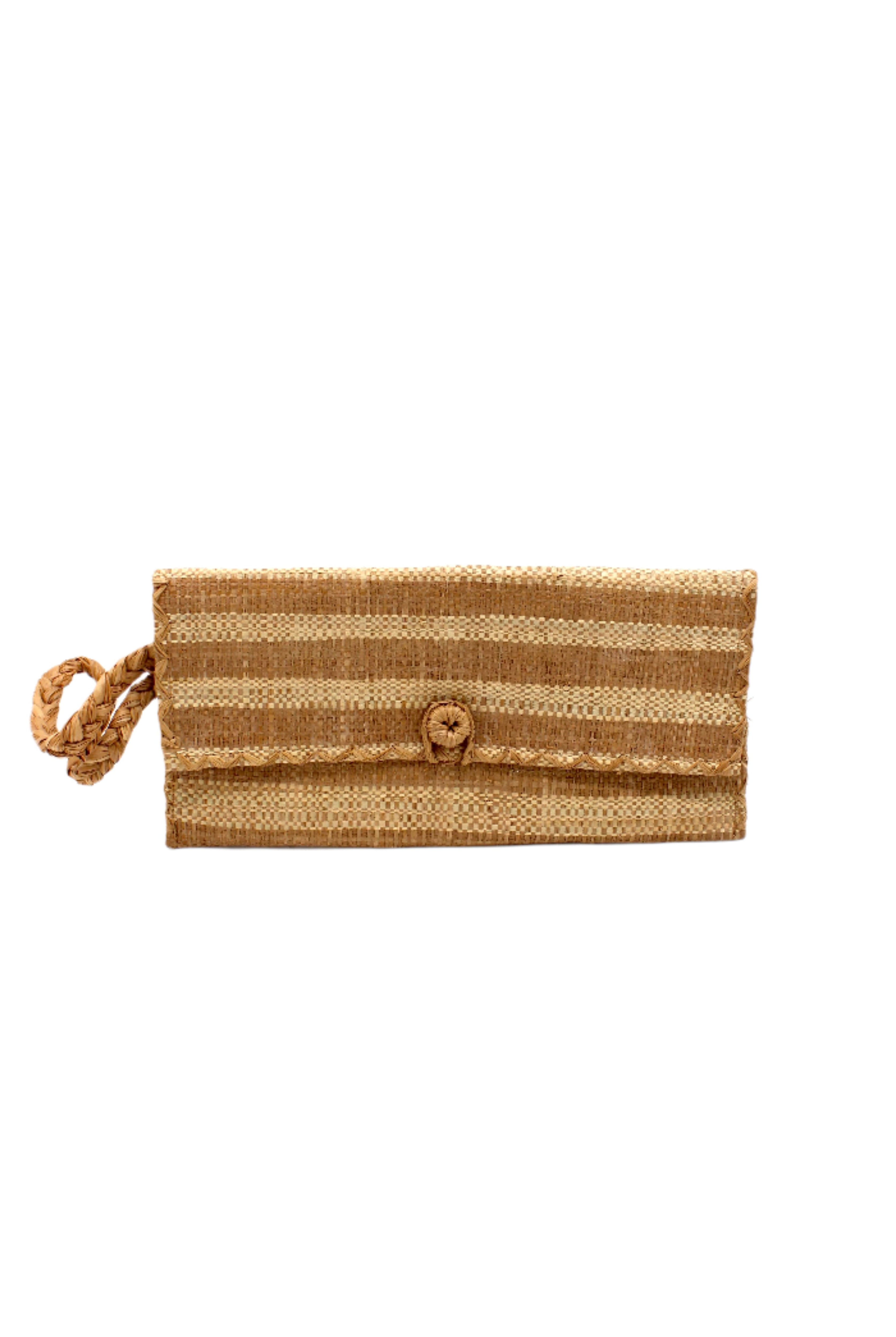 ChiChi Cappuccino Two Tone Stripe Multicolor Straw Clutch Bag handmade loomed raffia palm fiber wristlet in even-width bands of cappuccino light/brown/beige and natural straw color that create a horizontal stripe pattern with matching color cross stitch edging, button & loop closure, and braided wrist strap - Shebobo