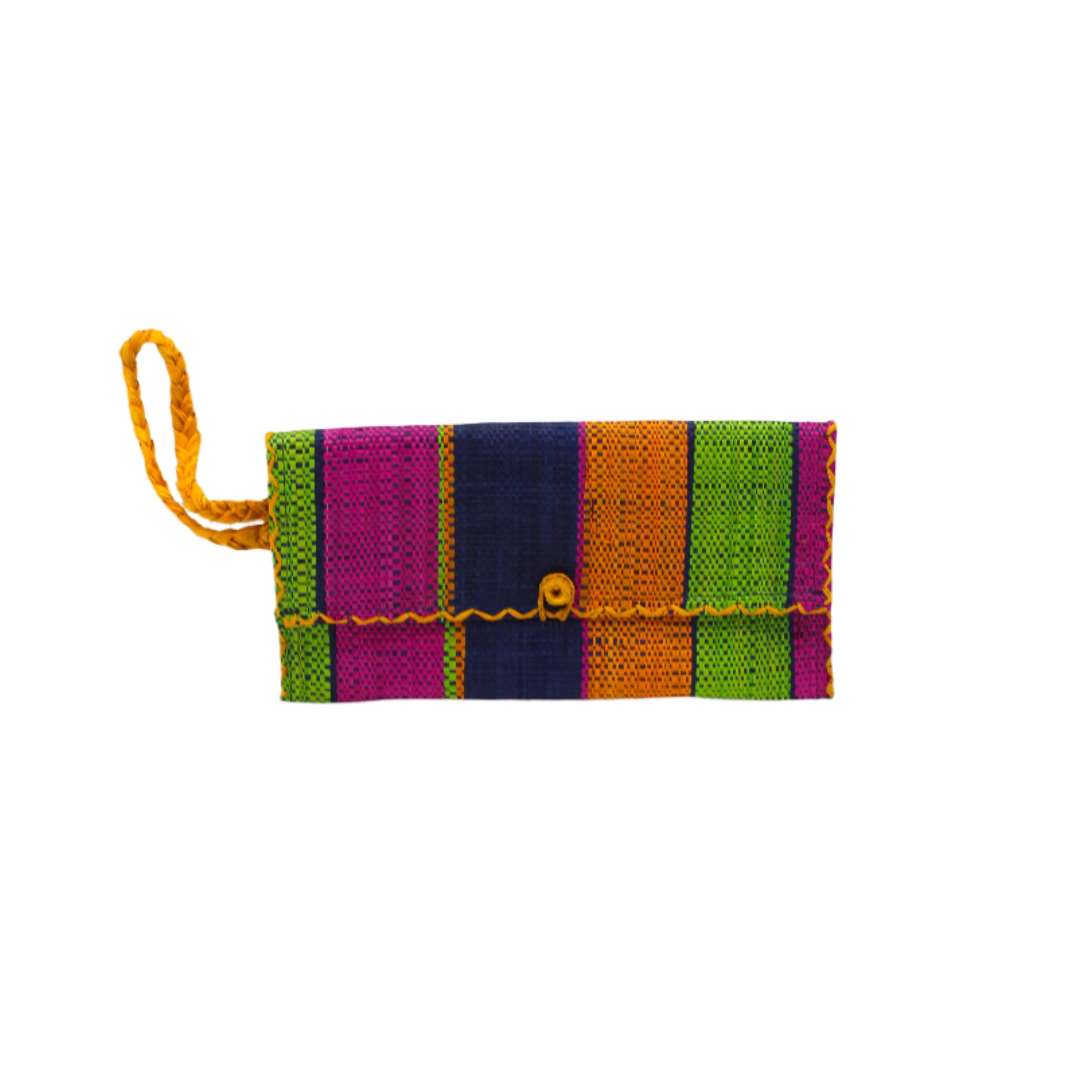 ChiChi Caribbean Swirl Multicolor Straw Clutch Bag handmade loomed raffia palm fiber wristlet in multi-width bands of dark blue, lime green, saffron yellow, and fuchsia pink that create a vertical stripe pattern with saffron color cross stitch edging, button & loop closure, and braided wrist strap - Shebobo