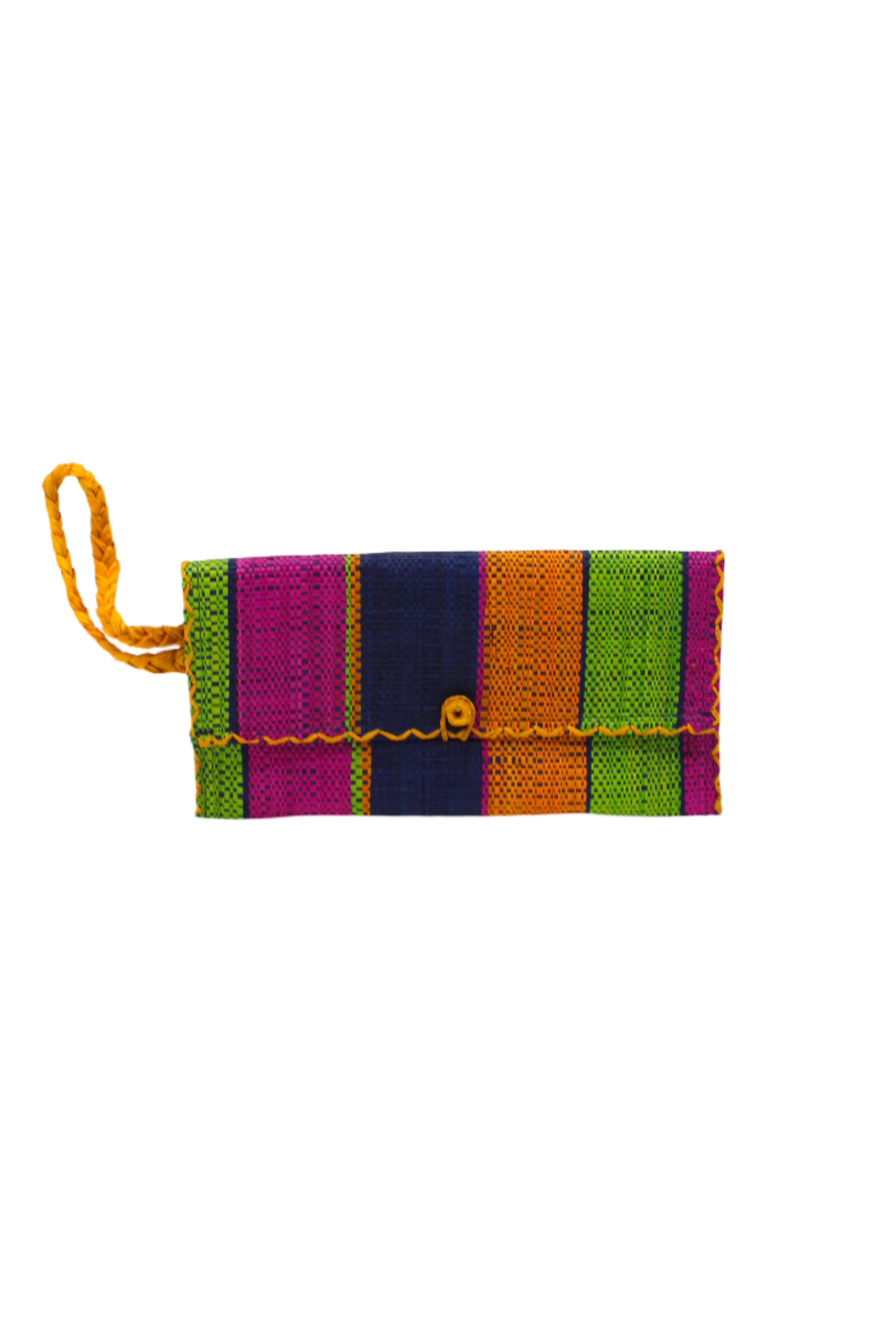 ChiChi Caribbean Swirl Multicolor Straw Clutch Bag handmade loomed raffia palm fiber wristlet in multi-width bands of dark blue, lime green, saffron yellow, and fuchsia pink that create a vertical stripe pattern with saffron color cross stitch edging, button & loop closure, and braided wrist strap - Shebobo