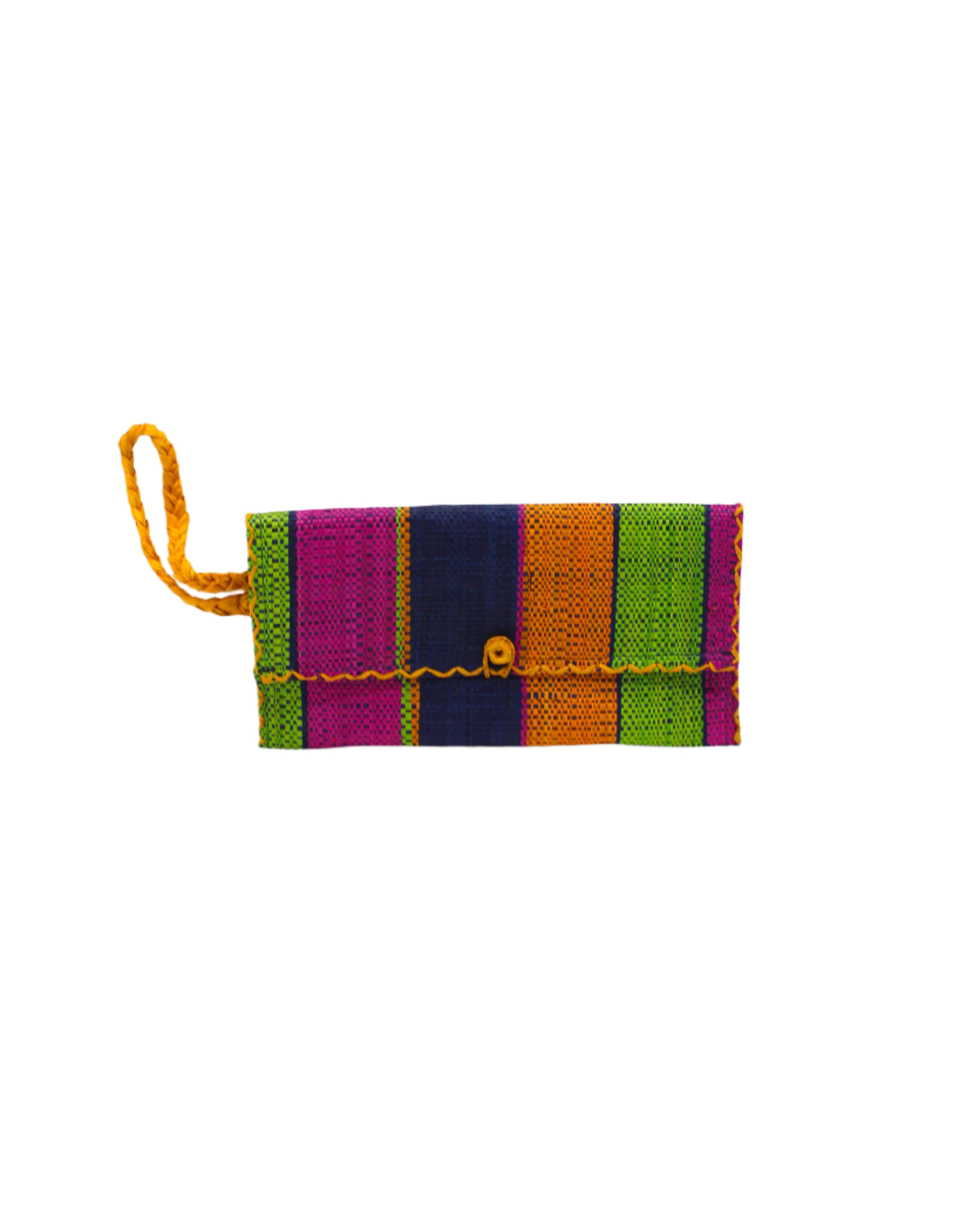 ChiChi Caribbean Swirl Multicolor Straw Clutch Bag handmade loomed raffia palm fiber wristlet in multi-width bands of dark blue, lime green, saffron yellow, and fuchsia pink that create a vertical stripe pattern with saffron color cross stitch edging, button & loop closure, and braided wrist strap - Shebobo