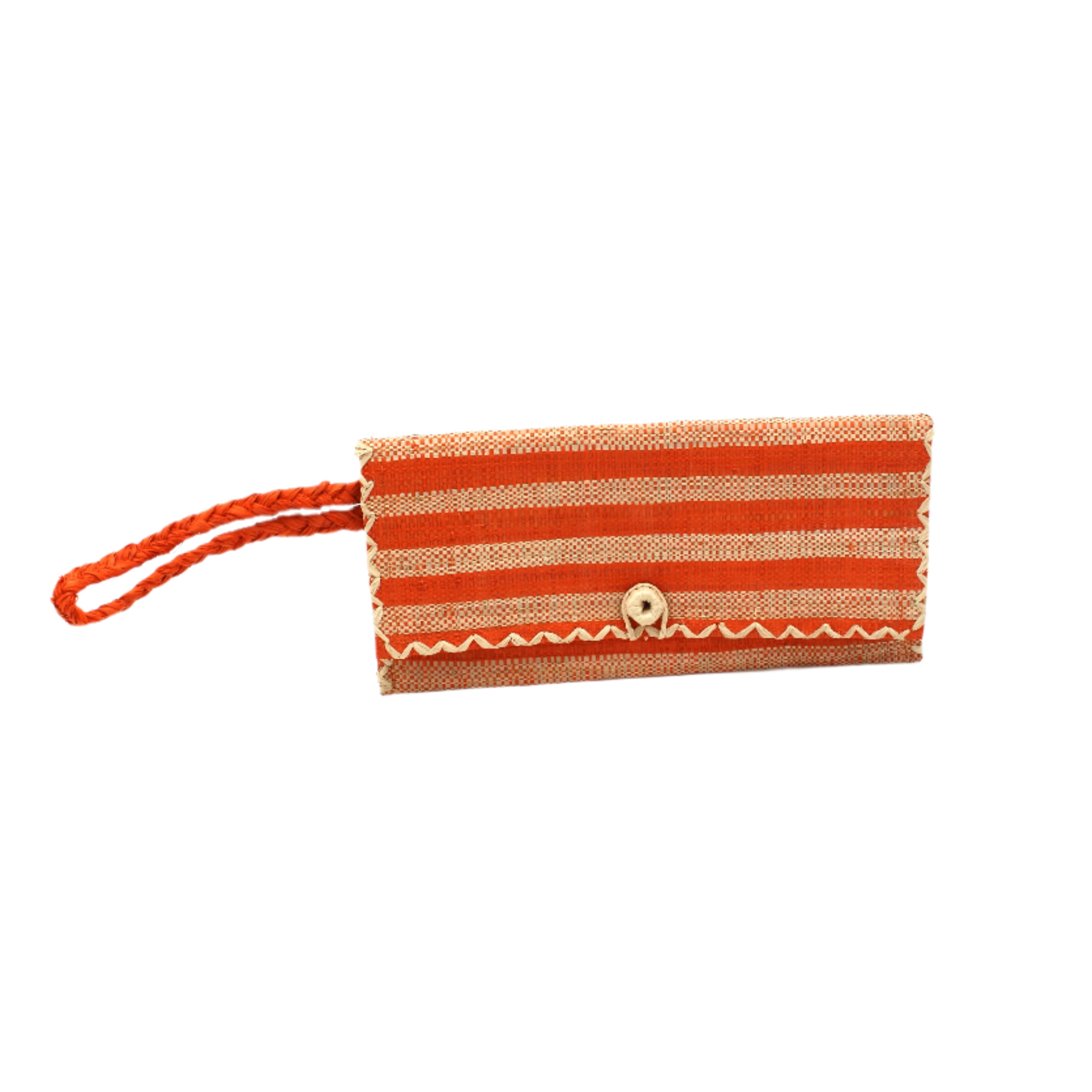ChiChi Coral Two Tone Stripe Multicolor Straw Clutch Bag handmade loomed raffia palm fiber wristlet in even-width bands of coral orange/red and natural straw color that create a horizontal stripe pattern with matching color cross stitch edging, button & loop closure, and braided wrist strap - Shebobo
