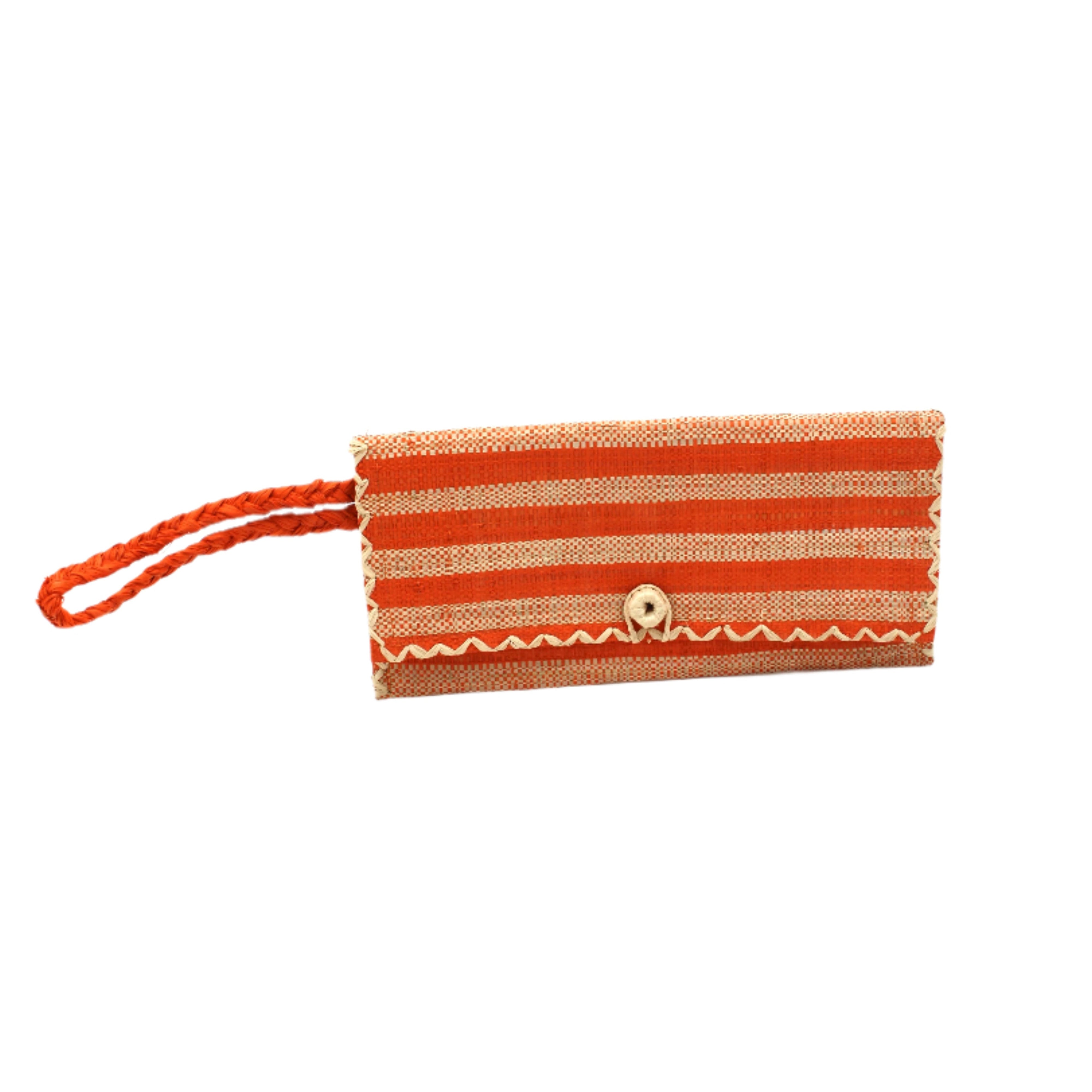 ChiChi Coral Two Tone Stripe Multicolor Straw Clutch Bag handmade loomed raffia palm fiber wristlet in even-width bands of coral orange/red and natural straw color that create a horizontal stripe pattern with matching color cross stitch edging, button & loop closure, and braided wrist strap - Shebobo