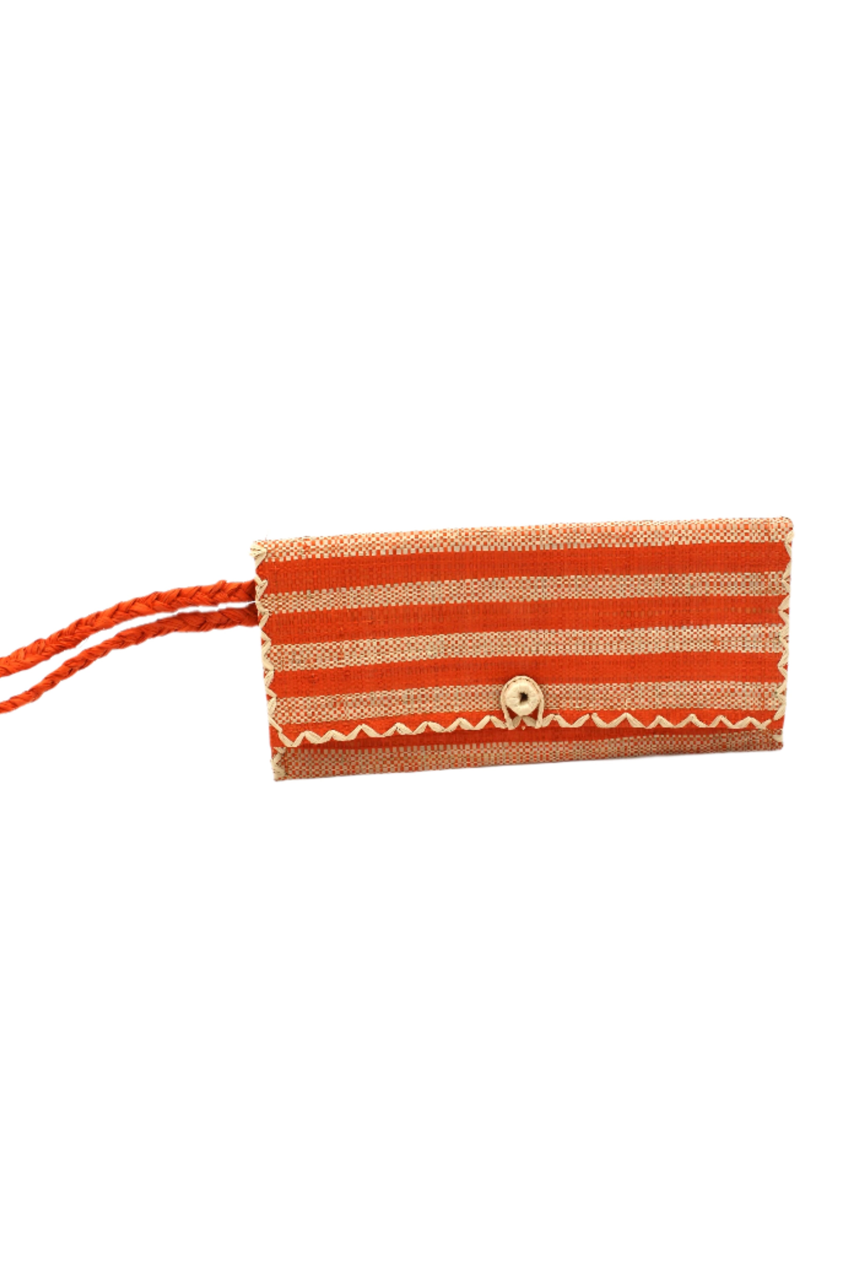 ChiChi Coral Two Tone Stripe Multicolor Straw Clutch Bag handmade loomed raffia palm fiber wristlet in even-width bands of coral orange/red and natural straw color that create a horizontal stripe pattern with matching color cross stitch edging, button & loop closure, and braided wrist strap - Shebobo
