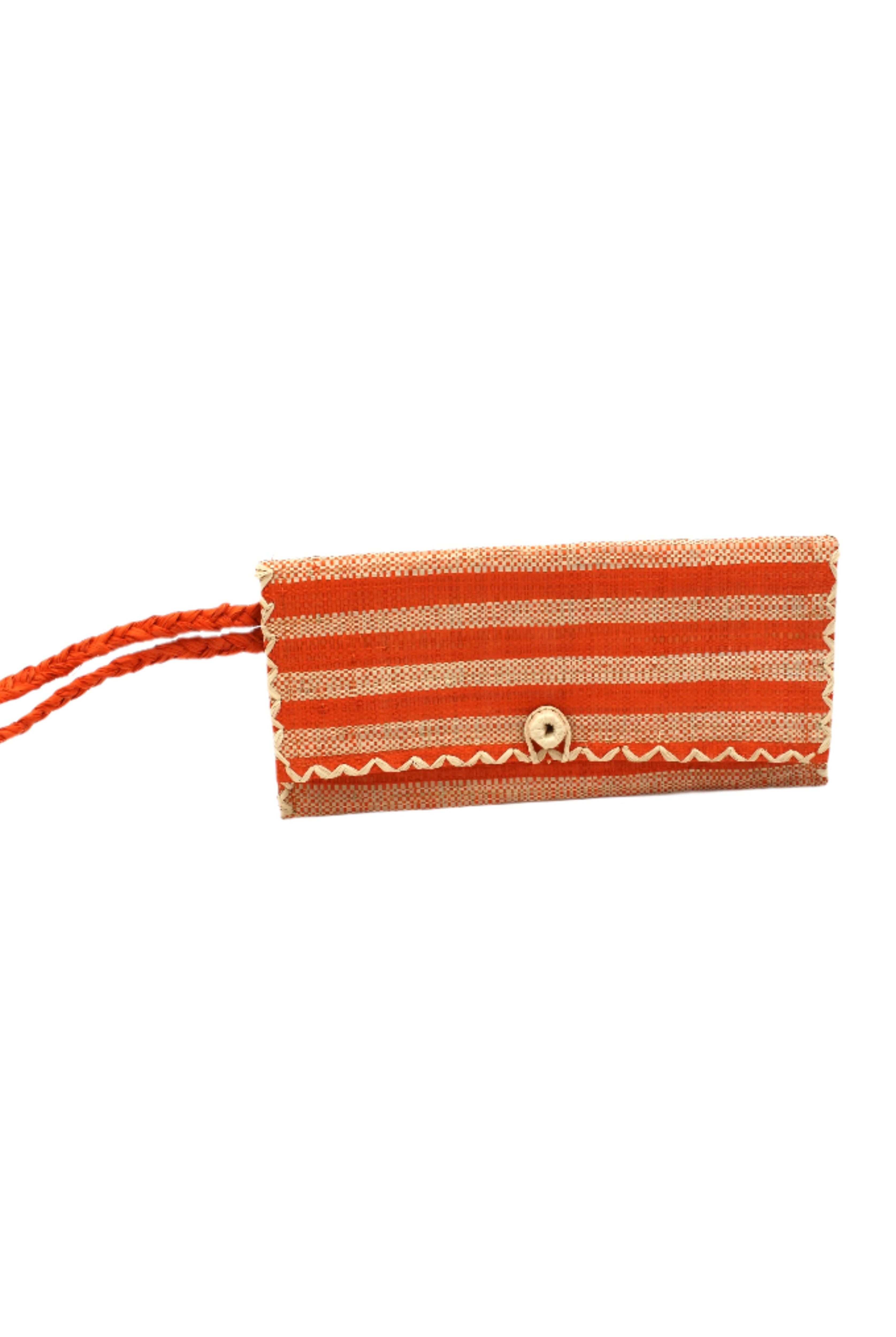 ChiChi Coral Two Tone Stripe Multicolor Straw Clutch Bag handmade loomed raffia palm fiber wristlet in even-width bands of coral orange/red and natural straw color that create a horizontal stripe pattern with matching color cross stitch edging, button & loop closure, and braided wrist strap - Shebobo