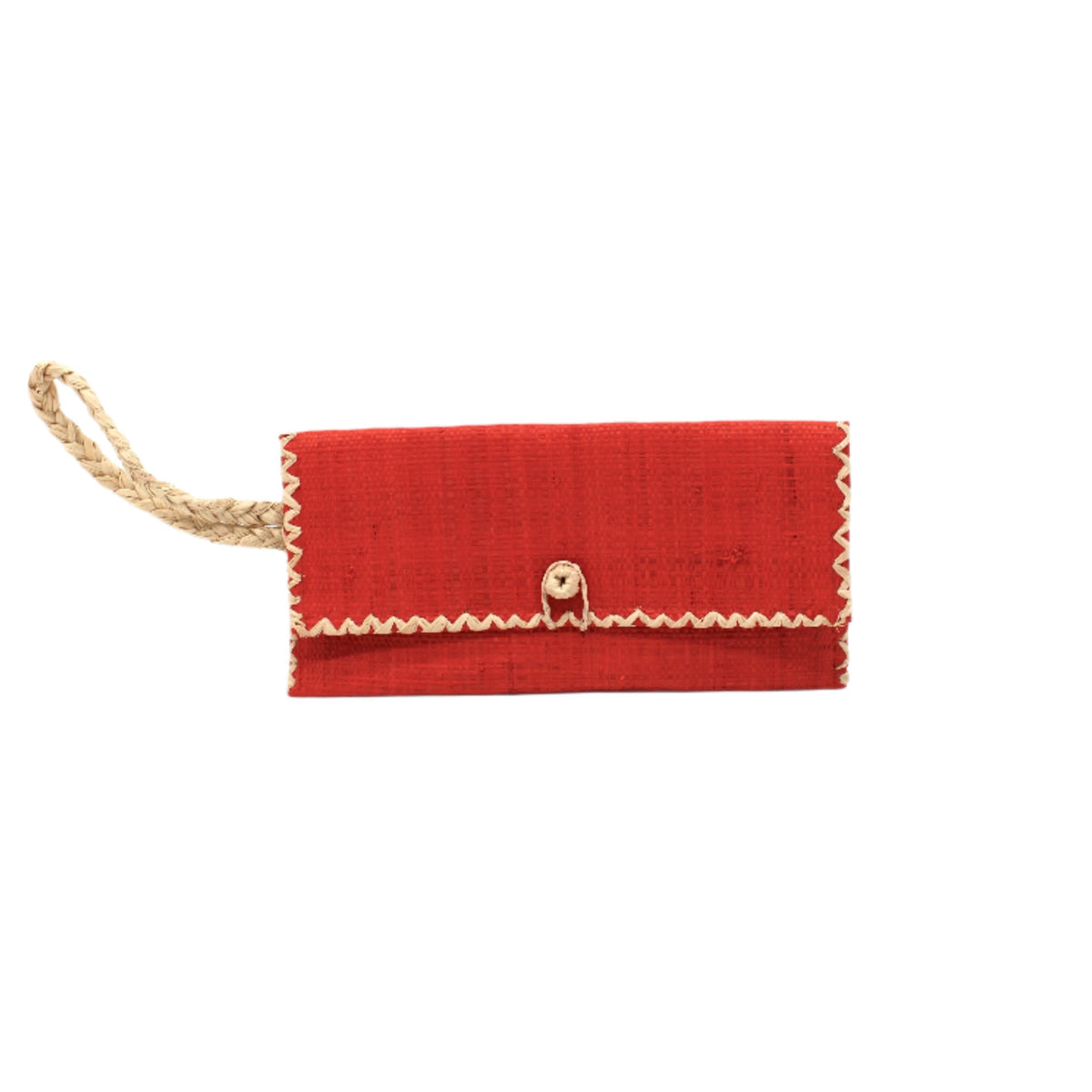 ChiChi Coral Straw Clutch Bag handmade loomed raffia palm fiber wristlet in coral orange/red color with natural straw color cross stitch edging, button & loop closure, and braided wrist strap - Shebobo