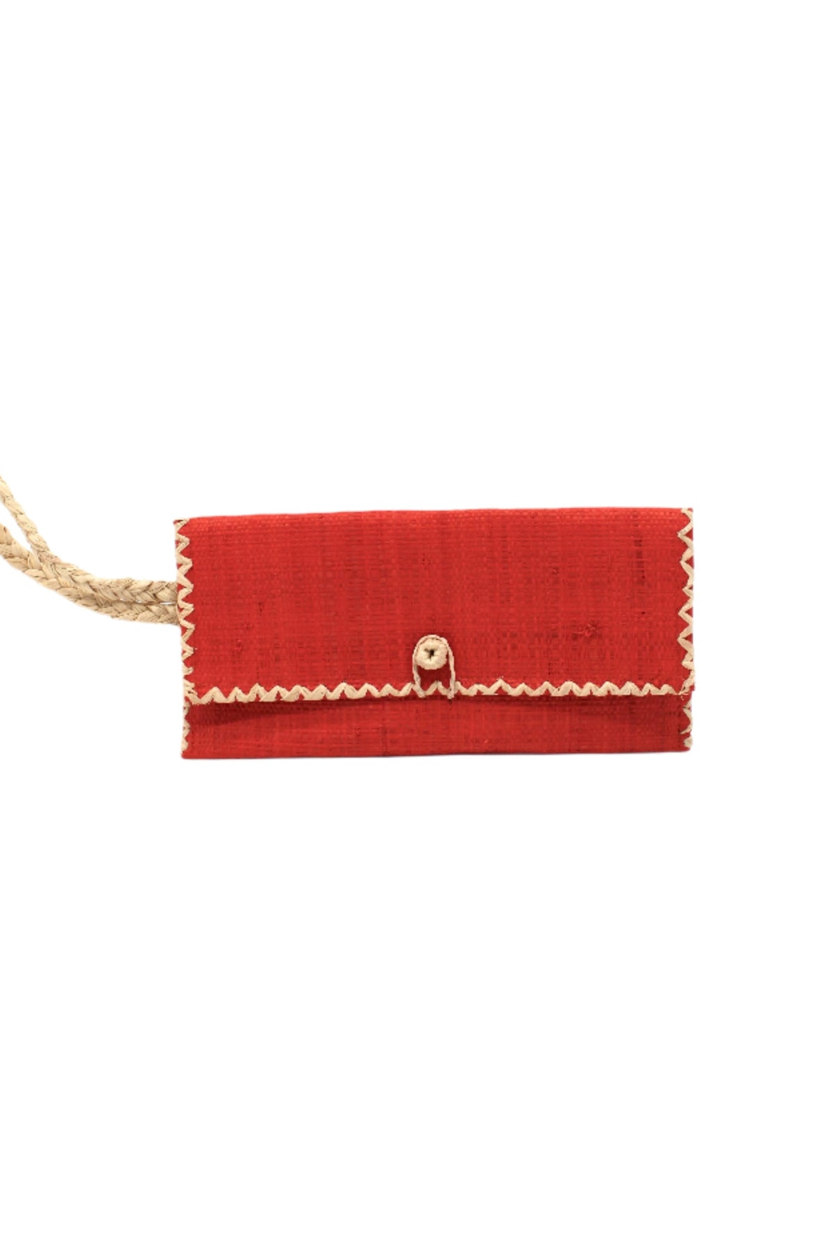 ChiChi Coral Straw Clutch Bag handmade loomed raffia palm fiber wristlet in coral orange/red color with natural straw color cross stitch edging, button & loop closure, and braided wrist strap - Shebobo
