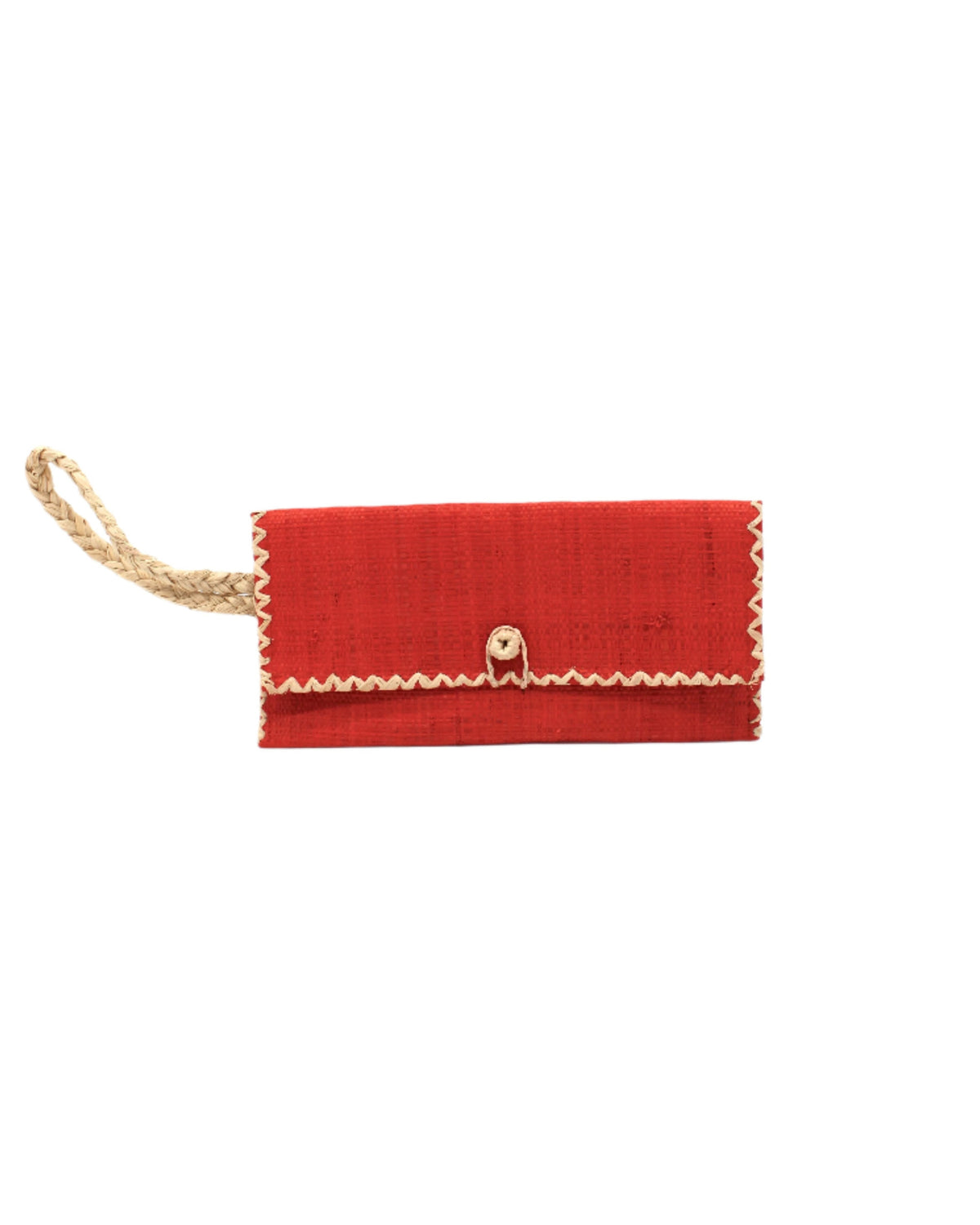 ChiChi Coral Straw Clutch Bag handmade loomed raffia palm fiber wristlet in coral orange/red color with natural straw color cross stitch edging, button & loop closure, and braided wrist strap - Shebobo