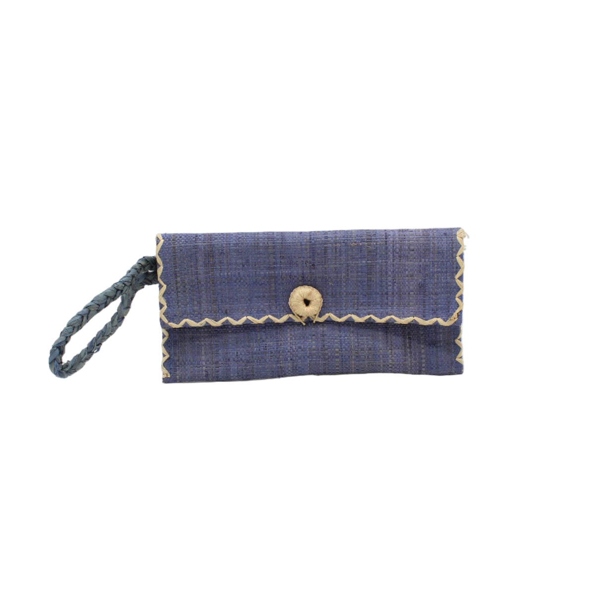 ChiChi Denim Straw Clutch Bag handmade loomed raffia palm fiber wristlet in denim retro/light/blue color with natural straw color cross stitch edging, button & loop closure, and braided wrist strap - Shebobo