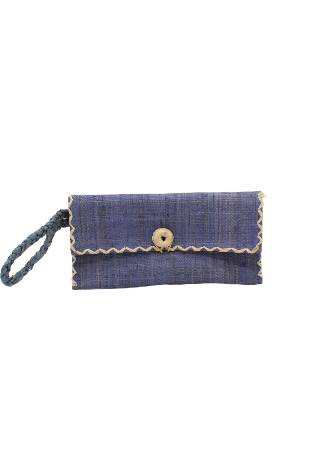ChiChi Denim Straw Clutch Bag handmade loomed raffia palm fiber wristlet in denim retro/light/blue color with natural straw color cross stitch edging, button & loop closure, and braided wrist strap - Shebobo