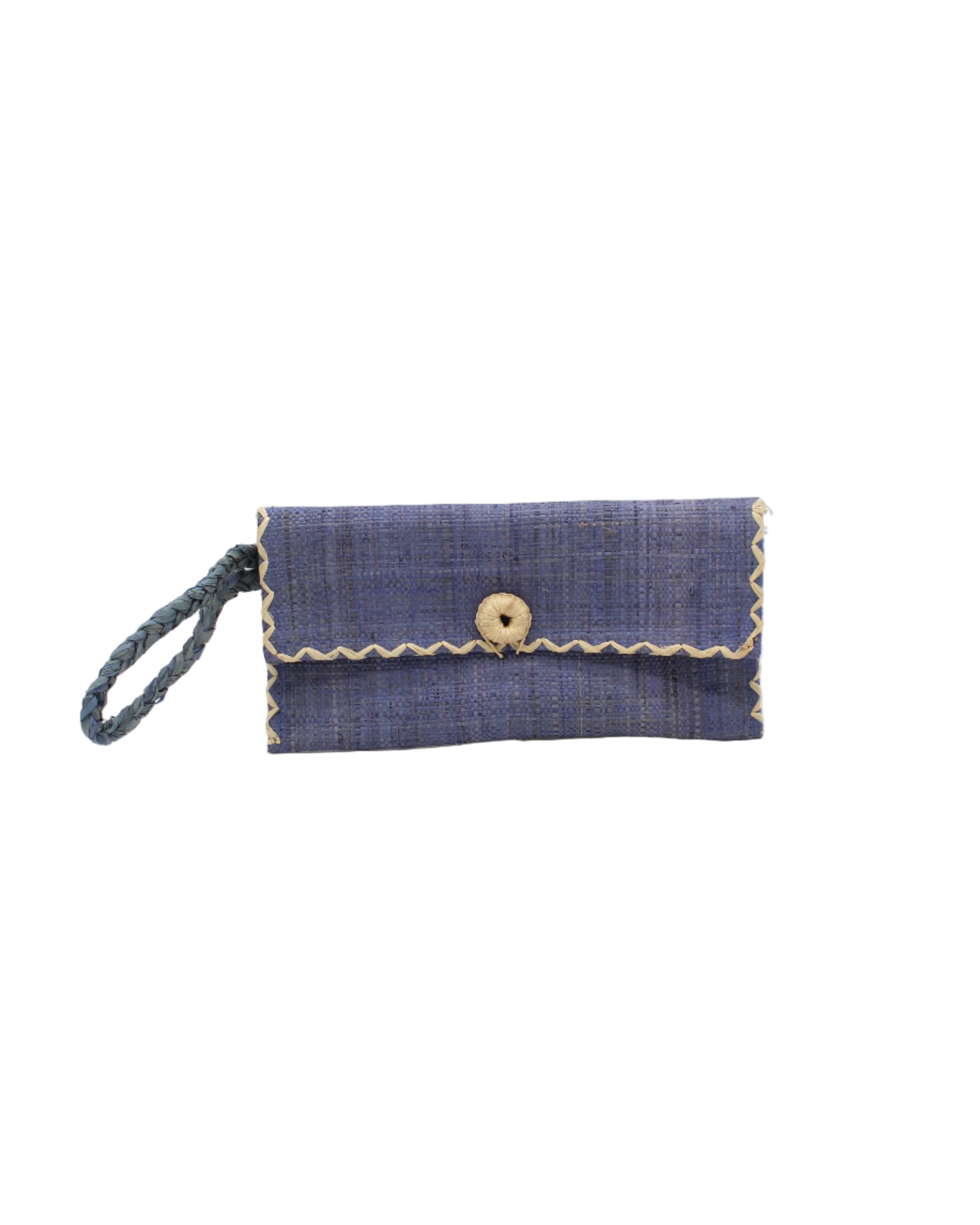 ChiChi Denim Straw Clutch Bag handmade loomed raffia palm fiber wristlet in denim retro/light/blue color with natural straw color cross stitch edging, button & loop closure, and braided wrist strap - Shebobo