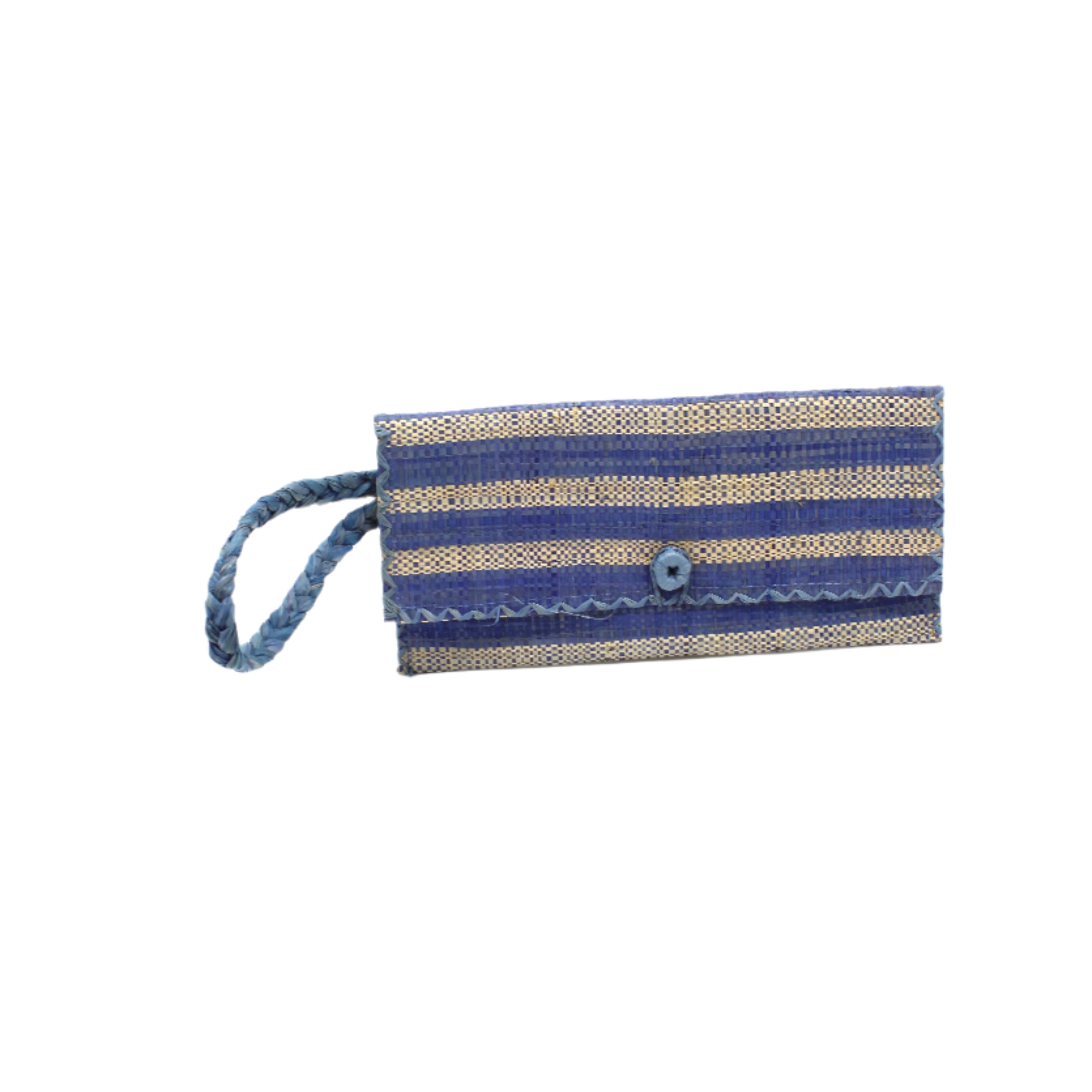 ChiChi Denim Two Tone Stripe Multicolor Straw Clutch Bag handmade loomed raffia palm fiber wristlet in even-width bands of denim retro/light/blue and natural straw color that create a horizontal stripe pattern with matching color cross stitch edging, button & loop closure, and braided wrist strap - Shebobo