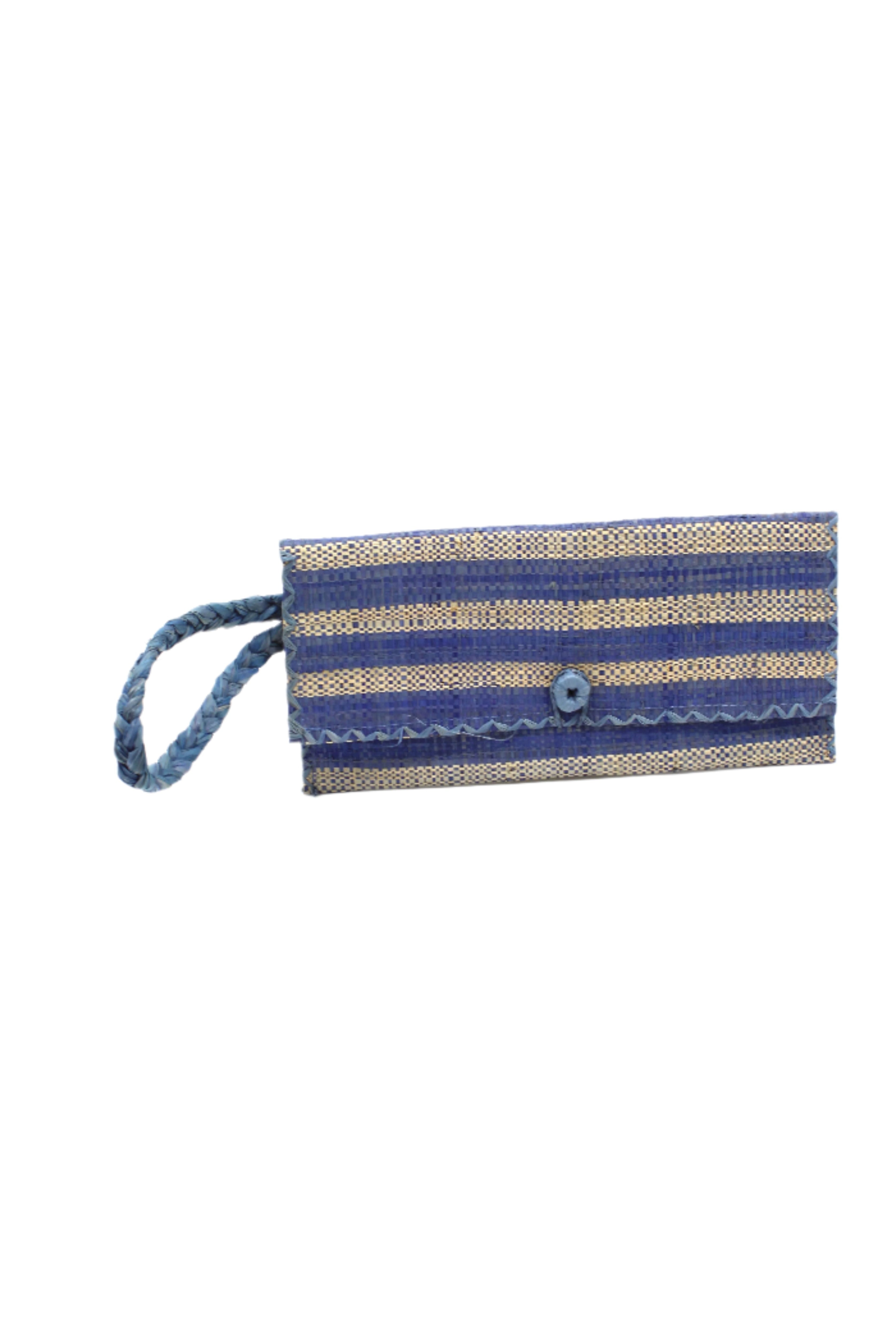 ChiChi Denim Two Tone Stripe Multicolor Straw Clutch Bag handmade loomed raffia palm fiber wristlet in even-width bands of denim retro/light/blue and natural straw color that create a horizontal stripe pattern with matching color cross stitch edging, button & loop closure, and braided wrist strap - Shebobo