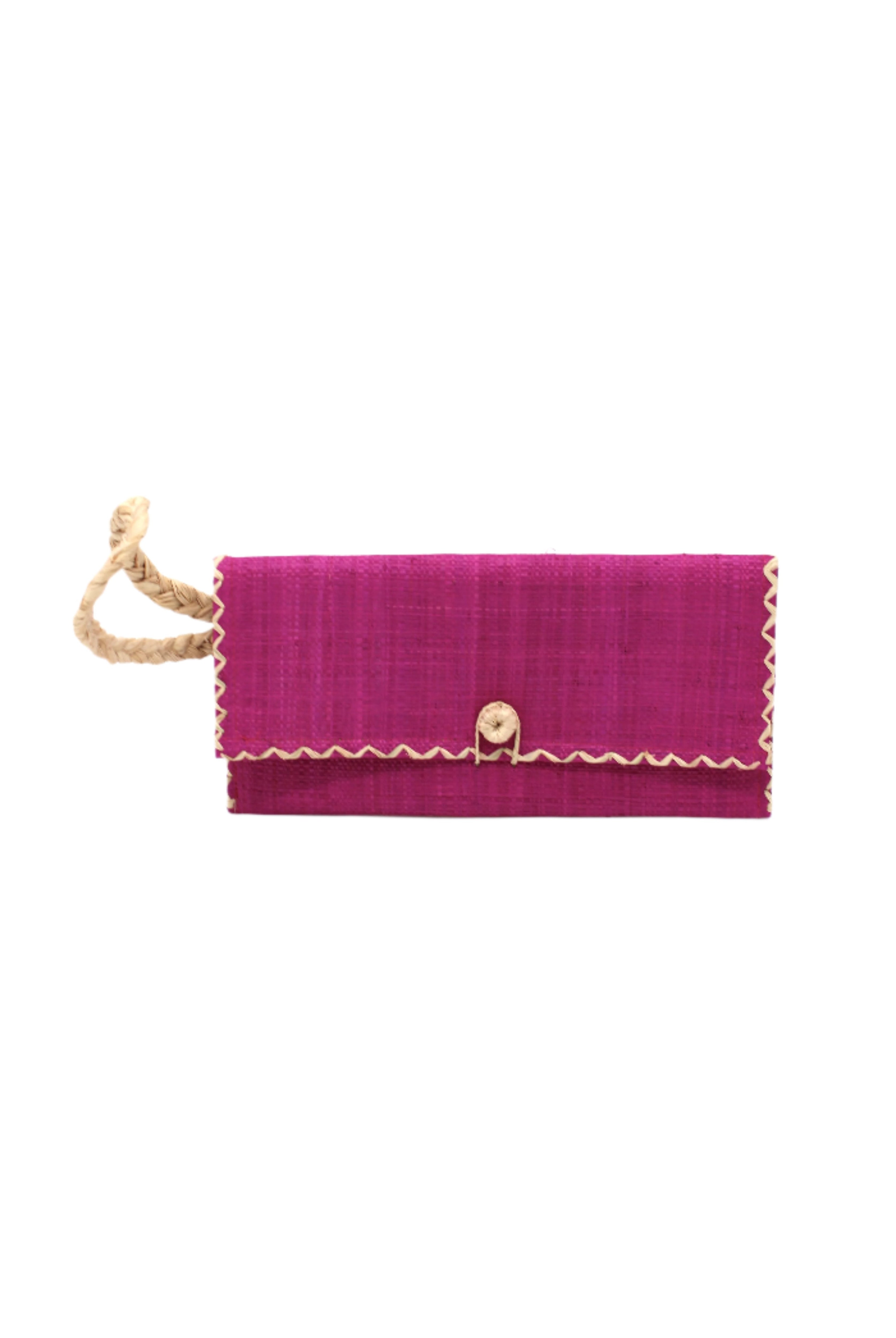 ChiChi Fuchsia Straw Clutch Bag handmade loomed raffia palm fiber wristlet in fuchsia hot/bright/barbie/pink color with natural straw color cross stitch edging, button & loop closure, and braided wrist strap - Shebobo