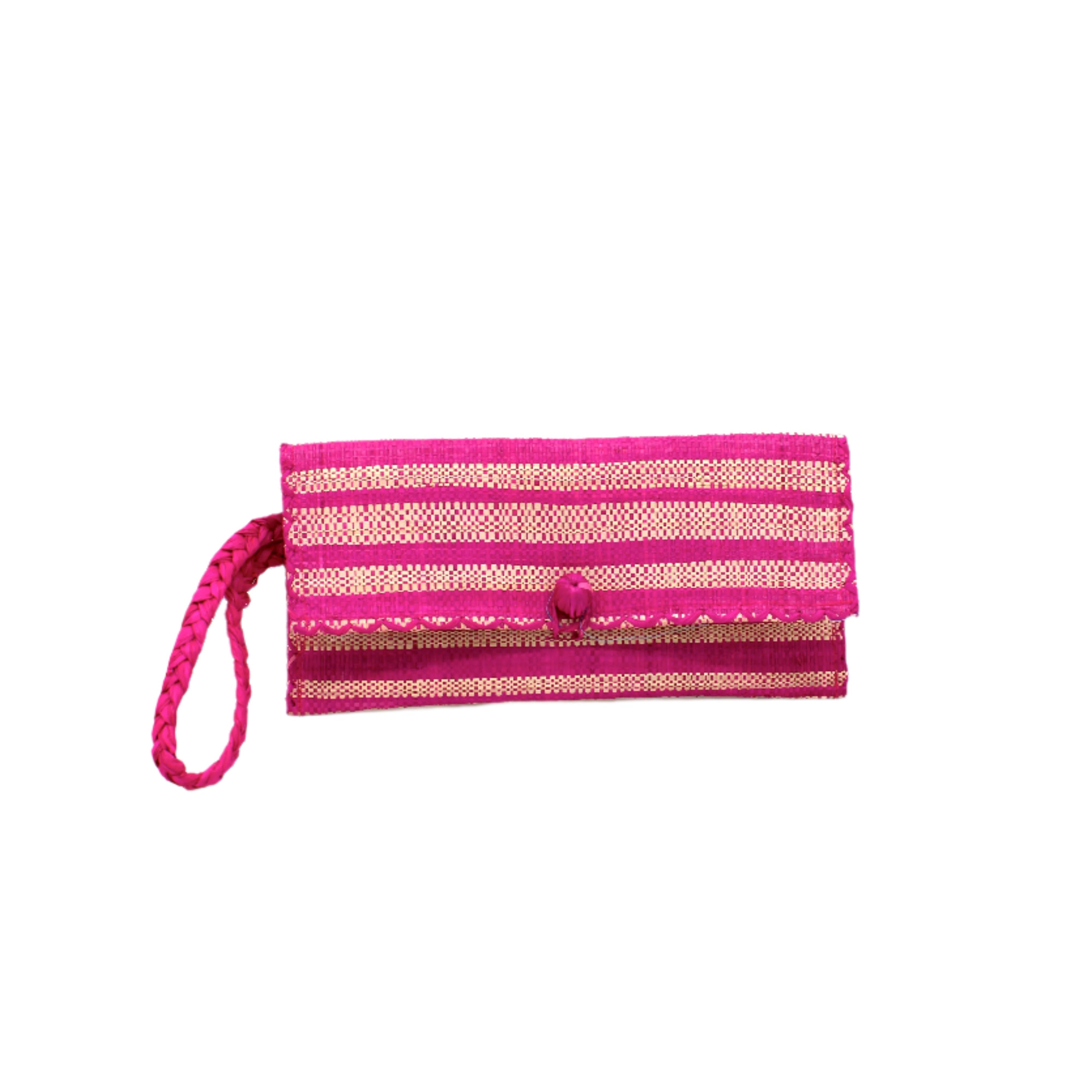 ChiChi Fuchsia Two Tone Stripe Multicolor Straw Clutch Bag handmade loomed raffia palm fiber wristlet in even-width bands of fuchsia hot/bright/barbie/pink and natural straw color that create a horizontal stripe pattern with matching color cross stitch edging, button & loop closure, and braided wrist strap - Shebobo