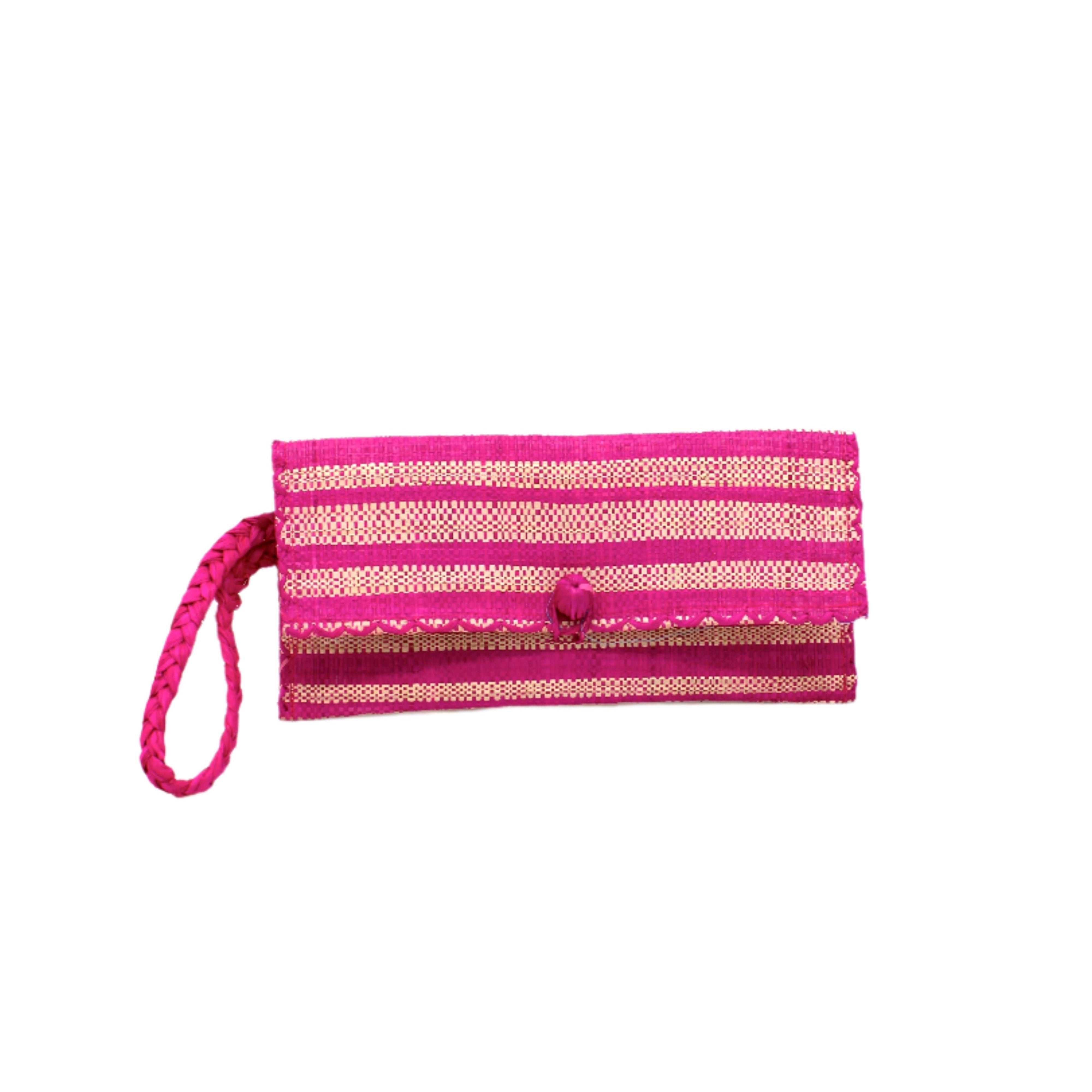 ChiChi Fuchsia Two Tone Stripe Multicolor Straw Clutch Bag handmade loomed raffia palm fiber wristlet in even-width bands of fuchsia hot/bright/barbie/pink and natural straw color that create a horizontal stripe pattern with matching color cross stitch edging, button & loop closure, and braided wrist strap - Shebobo