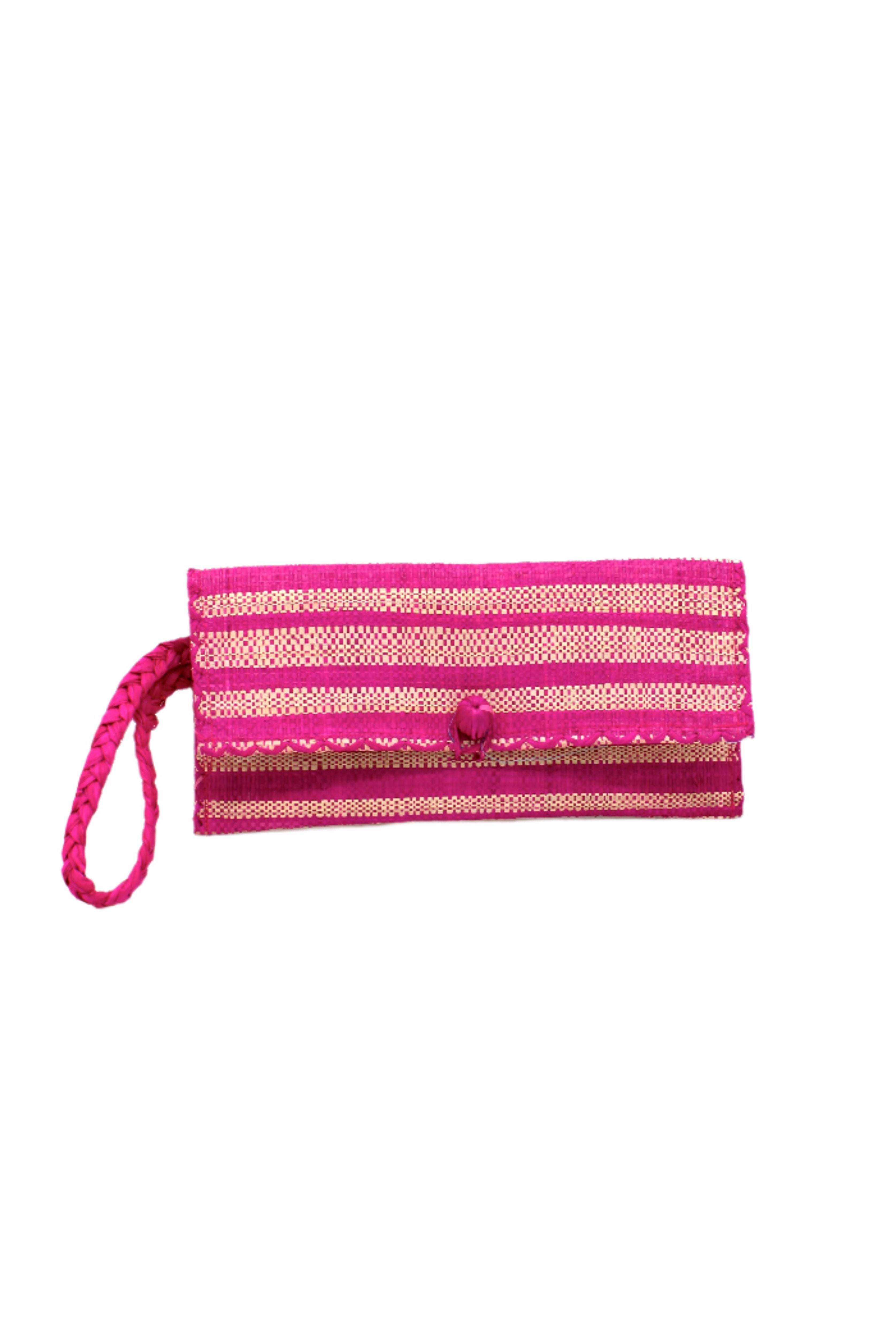 ChiChi Fuchsia Two Tone Stripe Multicolor Straw Clutch Bag handmade loomed raffia palm fiber wristlet in even-width bands of fuchsia hot/bright/barbie/pink and natural straw color that create a horizontal stripe pattern with matching color cross stitch edging, button & loop closure, and braided wrist strap - Shebobo