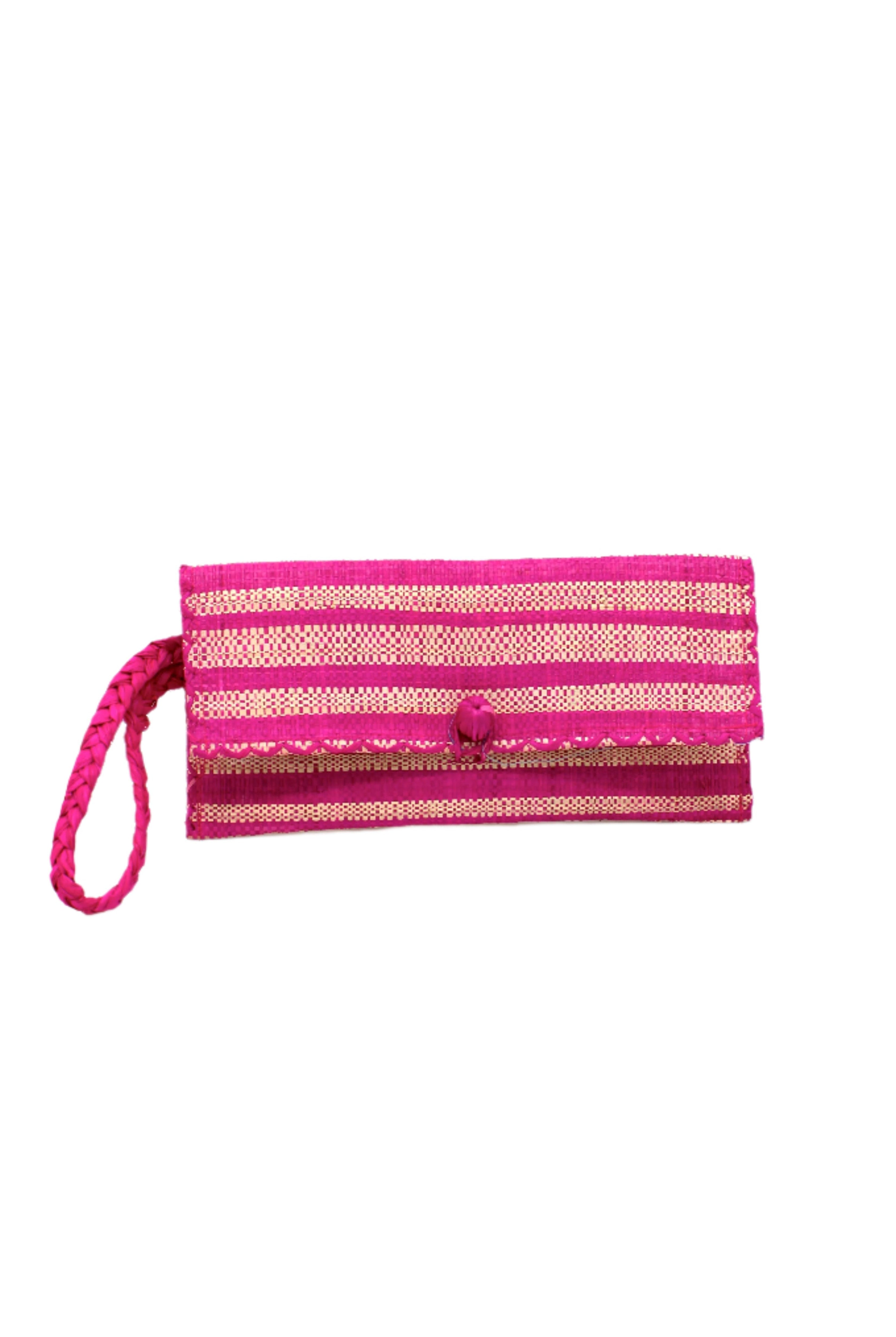 ChiChi Fuchsia Two Tone Stripe Multicolor Straw Clutch Bag handmade loomed raffia palm fiber wristlet in even-width bands of fuchsia hot/bright/barbie/pink and natural straw color that create a horizontal stripe pattern with matching color cross stitch edging, button & loop closure, and braided wrist strap - Shebobo