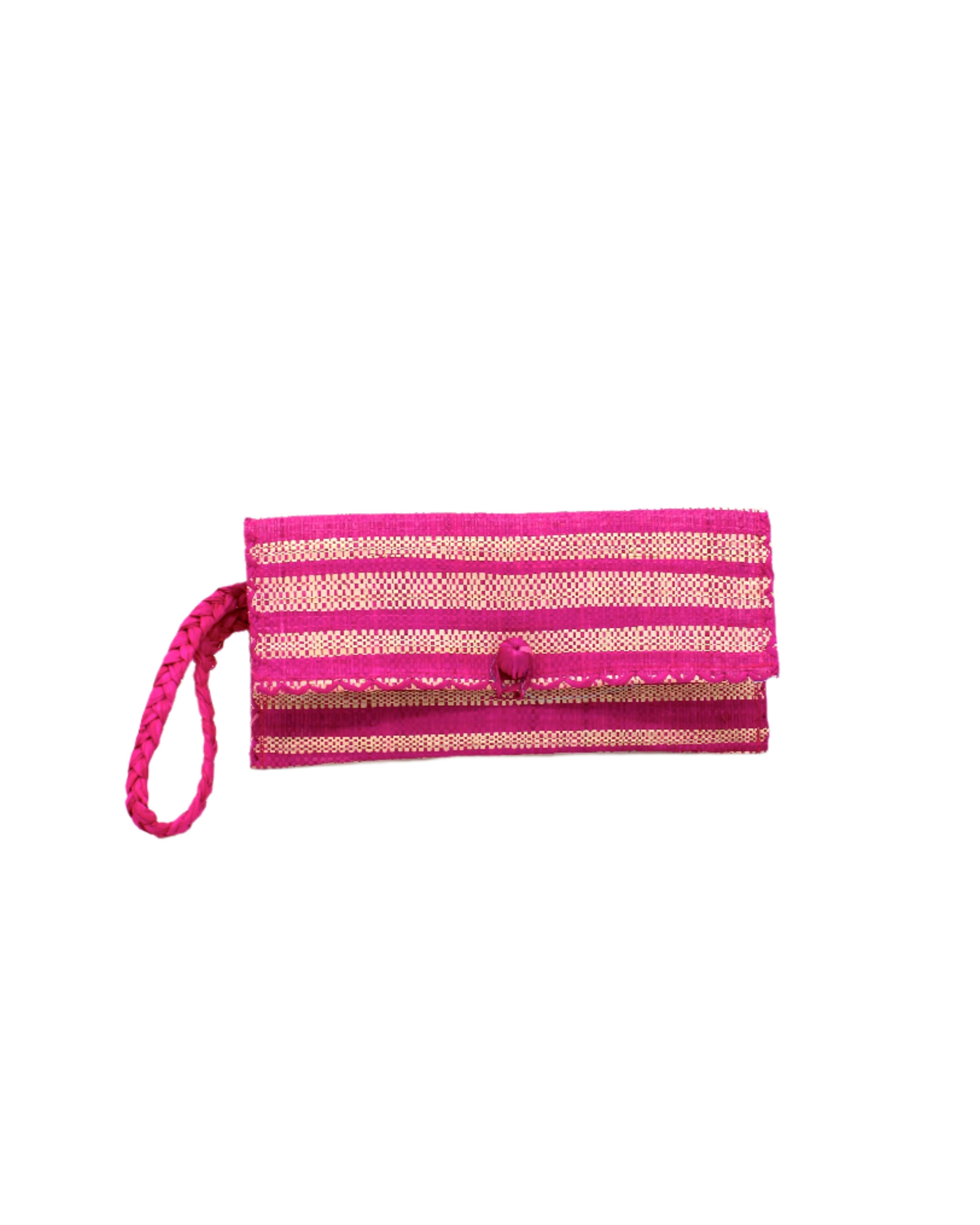 ChiChi Fuchsia Two Tone Stripe Multicolor Straw Clutch Bag handmade loomed raffia palm fiber wristlet in even-width bands of fuchsia hot/bright/barbie/pink and natural straw color that create a horizontal stripe pattern with matching color cross stitch edging, button & loop closure, and braided wrist strap - Shebobo
