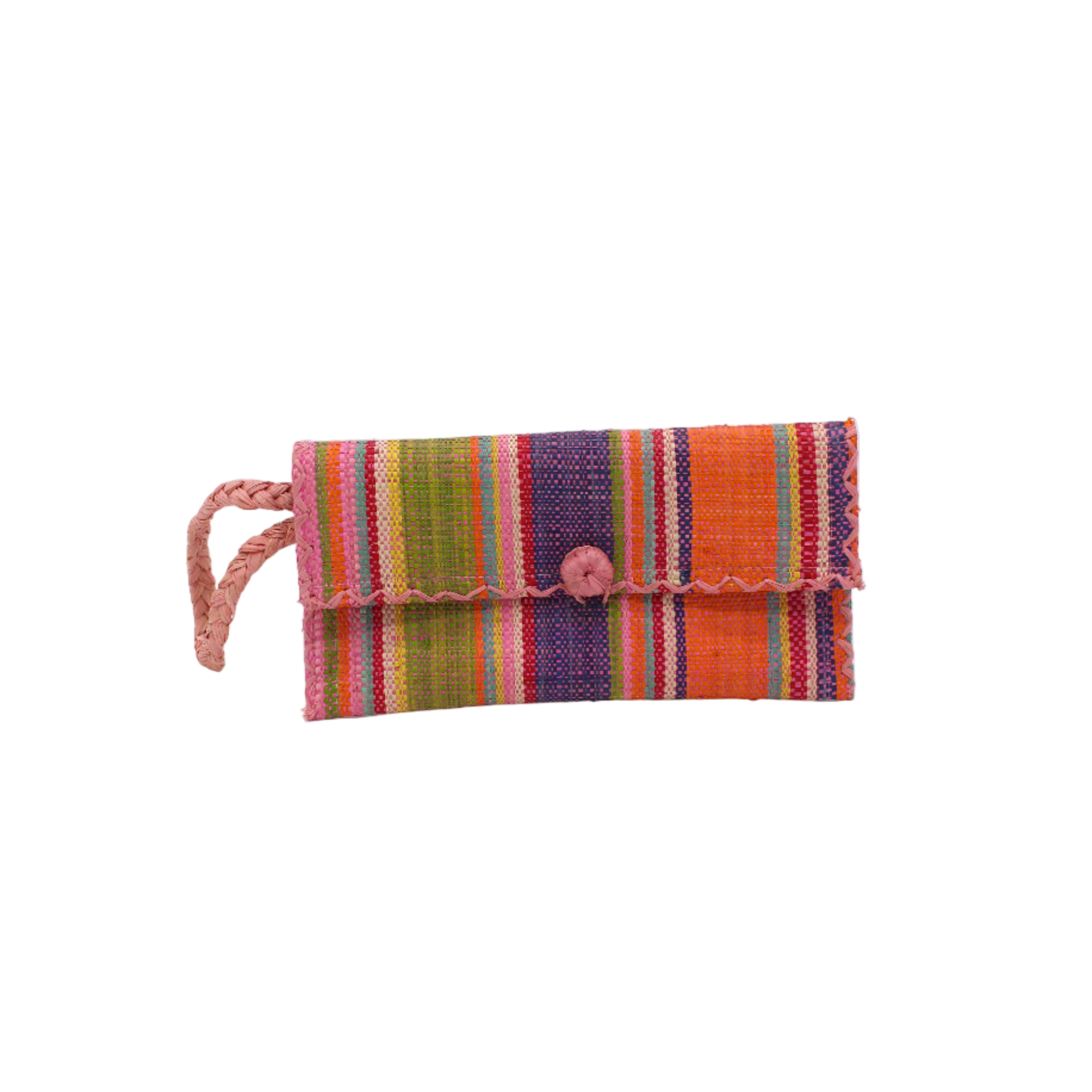 ChiChi Raspberry Swirl Multicolor Straw Clutch Bag handmade loomed raffia palm fiber wristlet in multi-width bands of light blue, light/baby pink, saffron orange/yellow, red, lime green, natural straw color, dark blue, and fuchsia pink that create a vertical stripe pattern with red color cross stitch edging, button & loop closure, and braided wrist strap - Shebobo