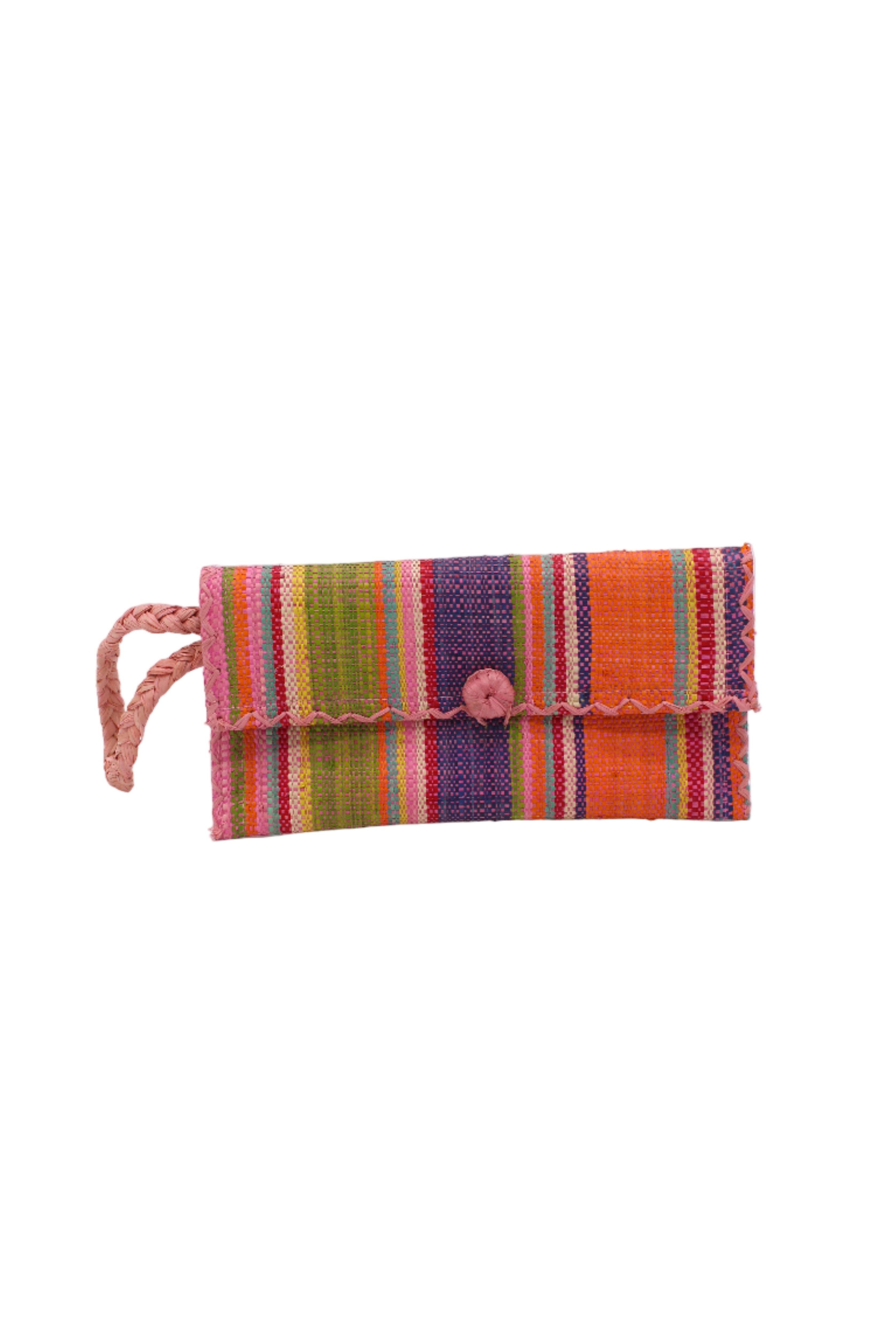 ChiChi Raspberry Swirl Multicolor Straw Clutch Bag handmade loomed raffia palm fiber wristlet in multi-width bands of light blue, light/baby pink, saffron orange/yellow, red, lime green, natural straw color, dark blue, and fuchsia pink that create a vertical stripe pattern with red color cross stitch edging, button & loop closure, and braided wrist strap - Shebobo