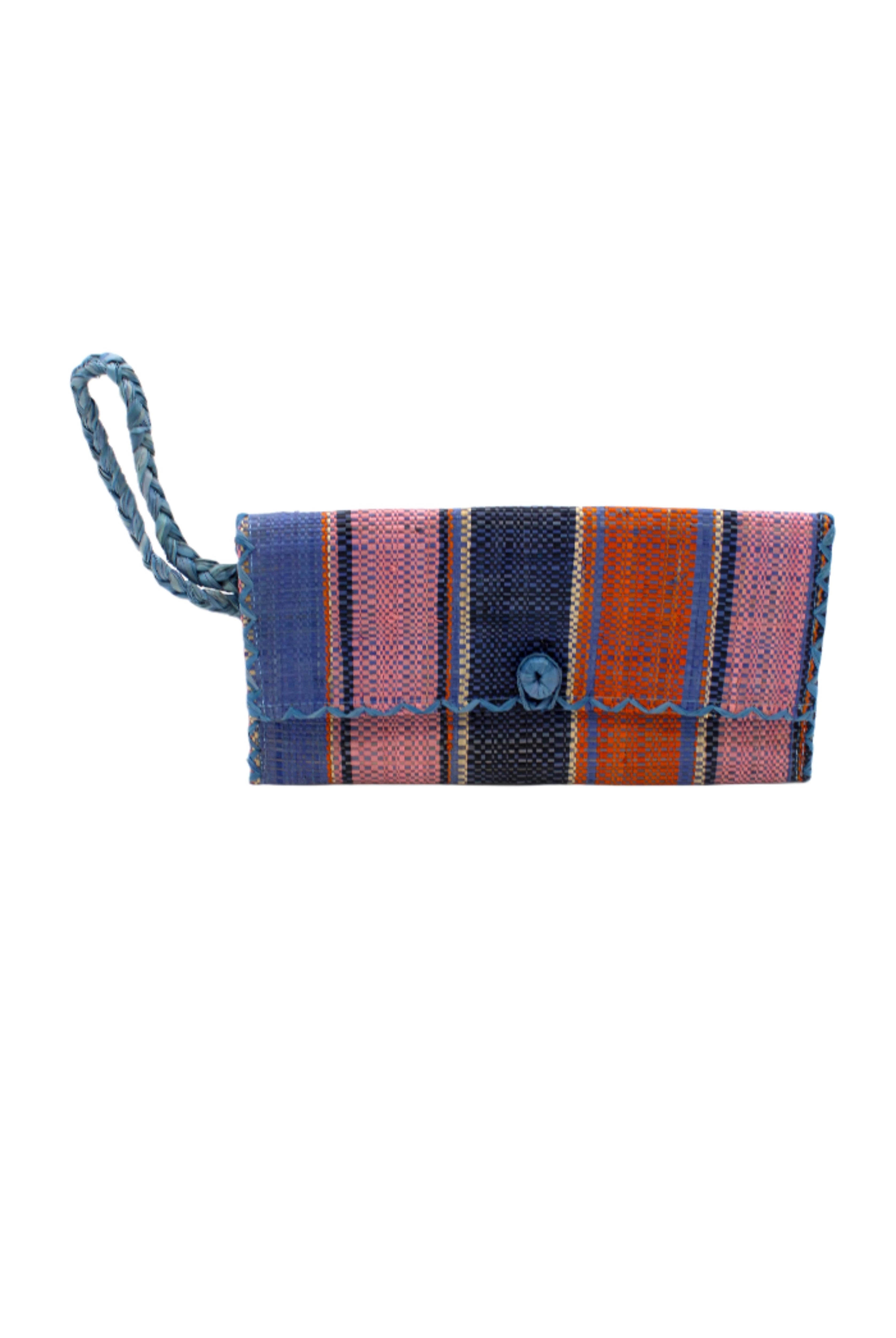 ChiChi Retro Swirl Multicolor Straw Clutch Bag handmade loomed raffia palm fiber wristlet in multi-width bands of denim retro/light blue, dusk dark/navy/blue, pink, coral orange/red, and natural straw color that create a vertical stripe pattern with denim blue color cross stitch edging, button & loop closure, and braided wrist strap - Shebobo