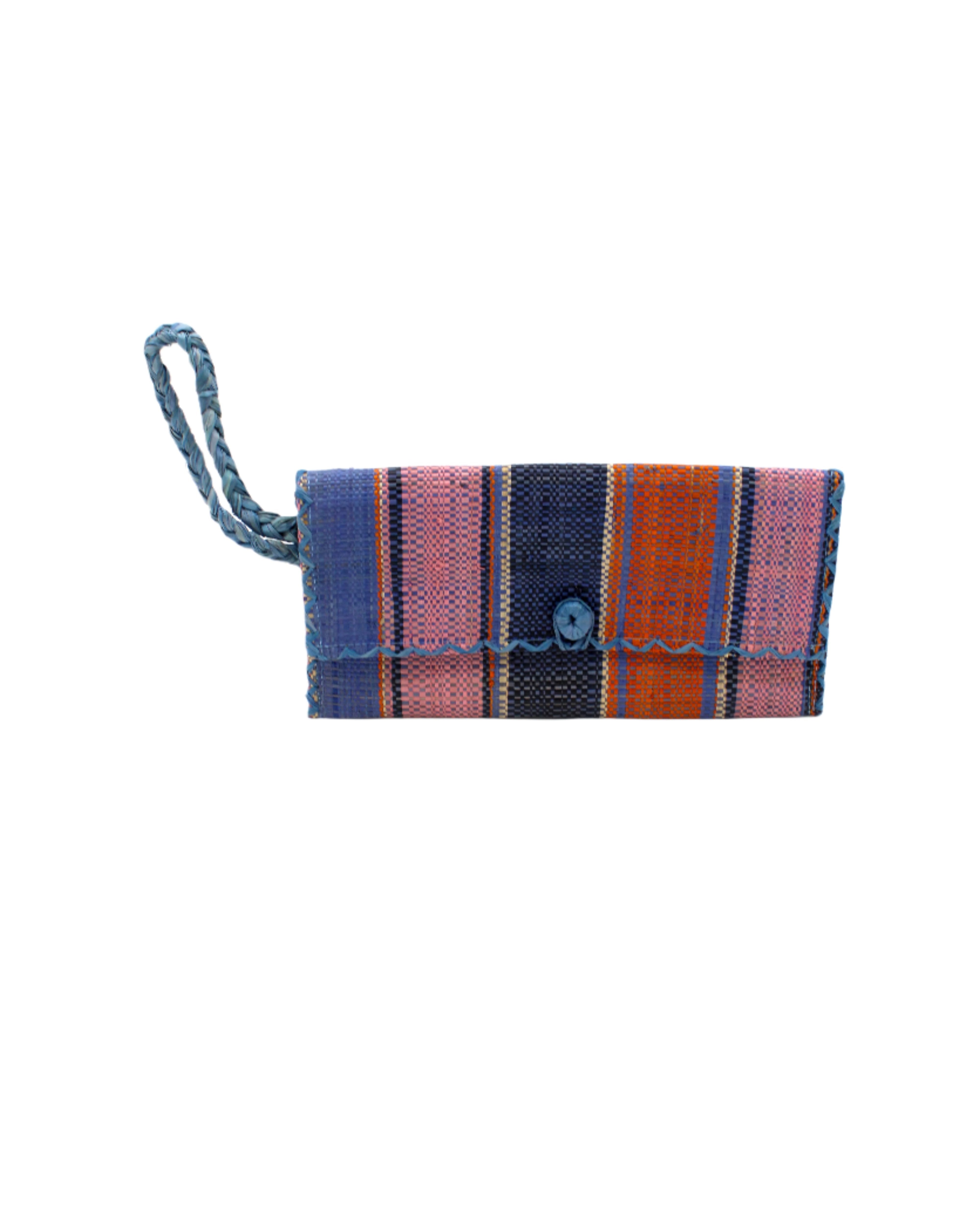 ChiChi Retro Swirl Multicolor Straw Clutch Bag handmade loomed raffia palm fiber wristlet in multi-width bands of denim retro/light blue, dusk dark/navy/blue, pink, coral orange/red, and natural straw color that create a vertical stripe pattern with denim blue color cross stitch edging, button & loop closure, and braided wrist strap - Shebobo