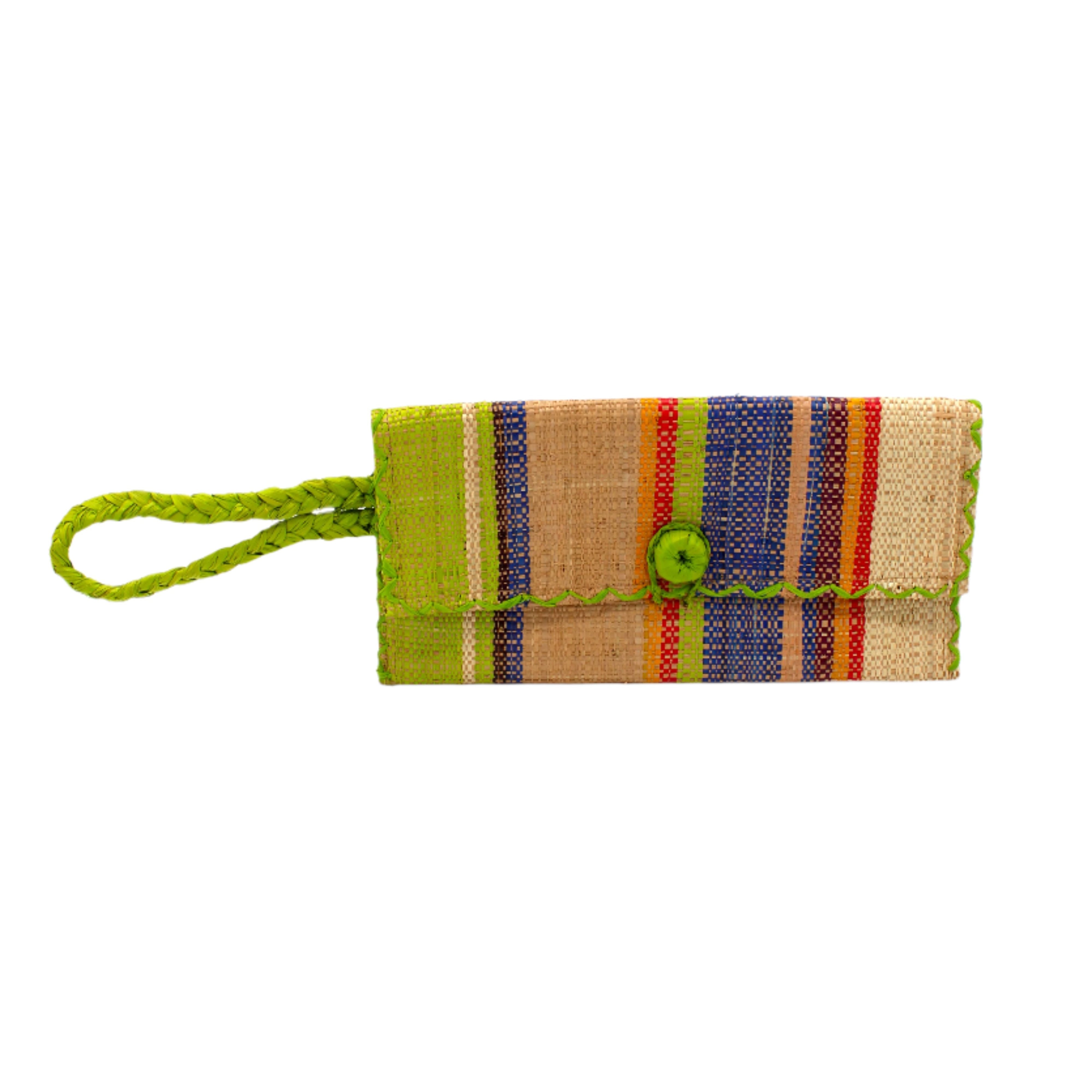 ChiChi Rio Swirl Multicolor Straw Clutch Bag handmade loomed raffia palm fiber wristlet in multi-width bands of lime green, cappuccino light/brown/beige, purple, navy dark/blue, saffron orange/yellow, red, and natural straw color that create a vertical stripe pattern with lime green color cross stitch edging, button & loop closure, and braided wrist strap - Shebobo