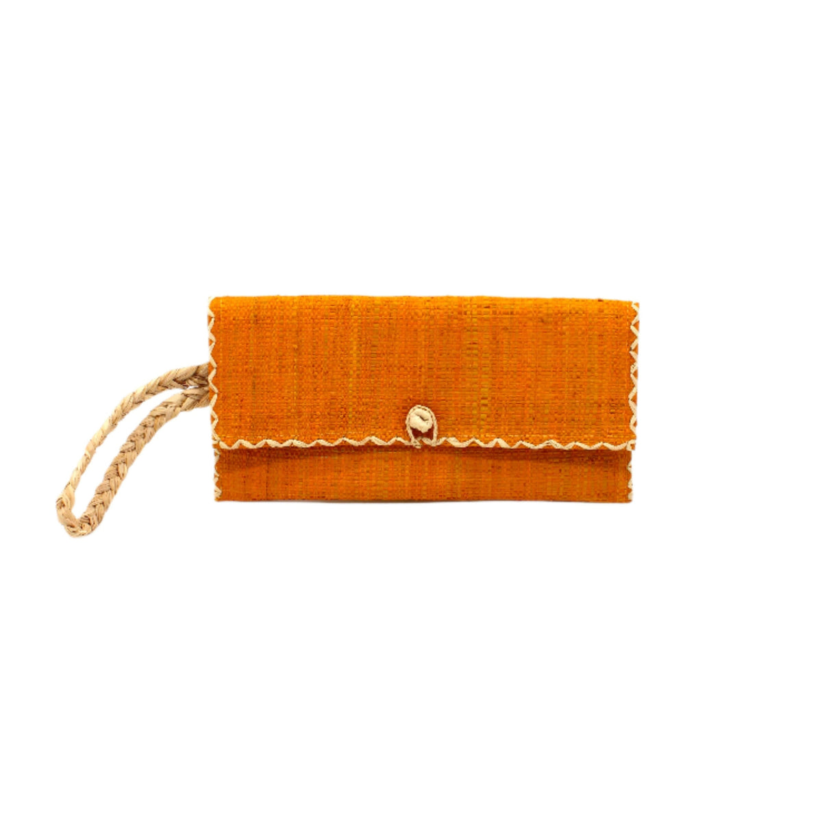 ChiChi Saffron Straw Clutch Bag handmade loomed raffia palm fiber wristlet in saffron yellow/orange color with natural straw color cross stitch edging, button & loop closure, and braided wrist strap - Shebobo