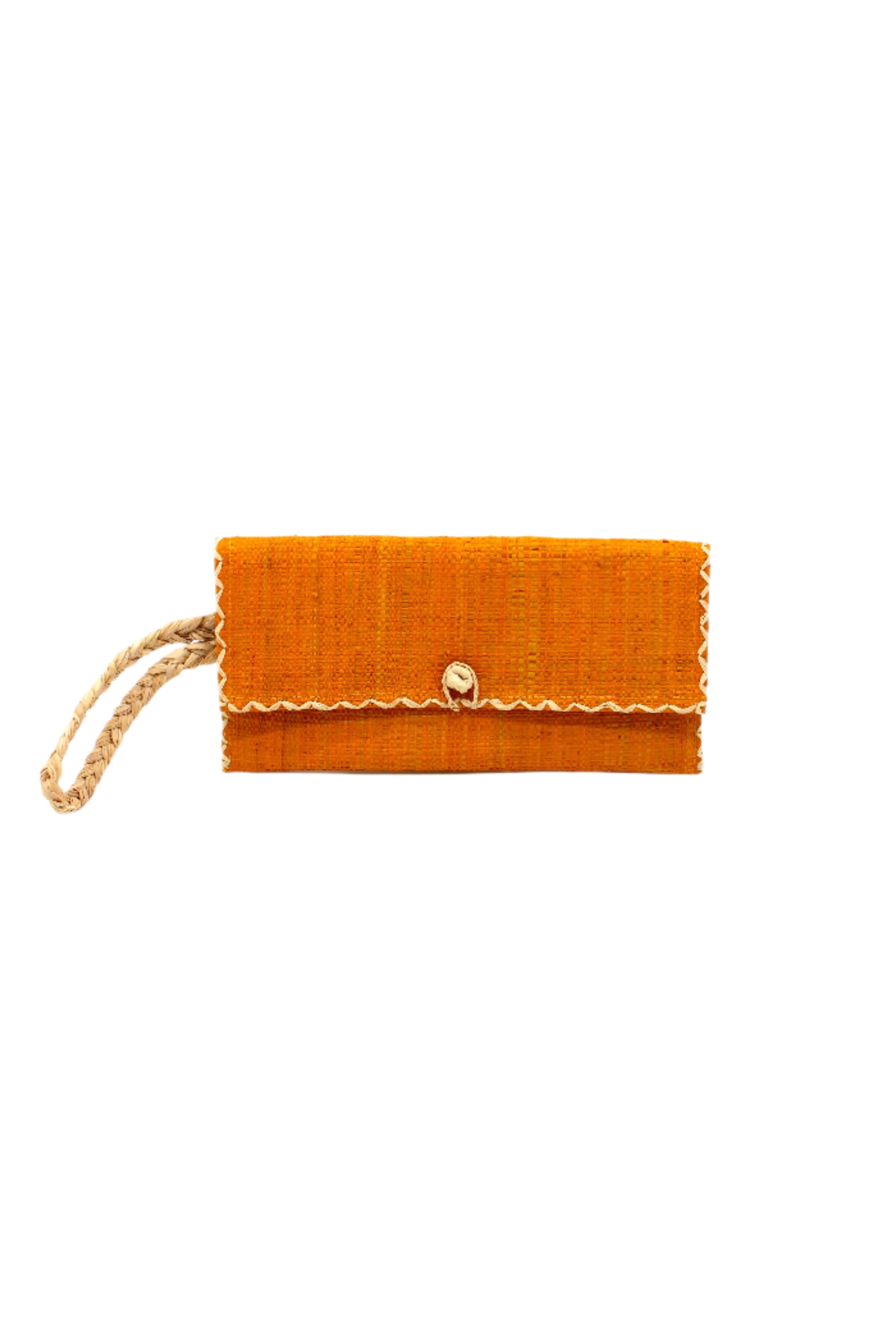 ChiChi Saffron Straw Clutch Bag handmade loomed raffia palm fiber wristlet in saffron yellow/orange color with natural straw color cross stitch edging, button & loop closure, and braided wrist strap - Shebobo