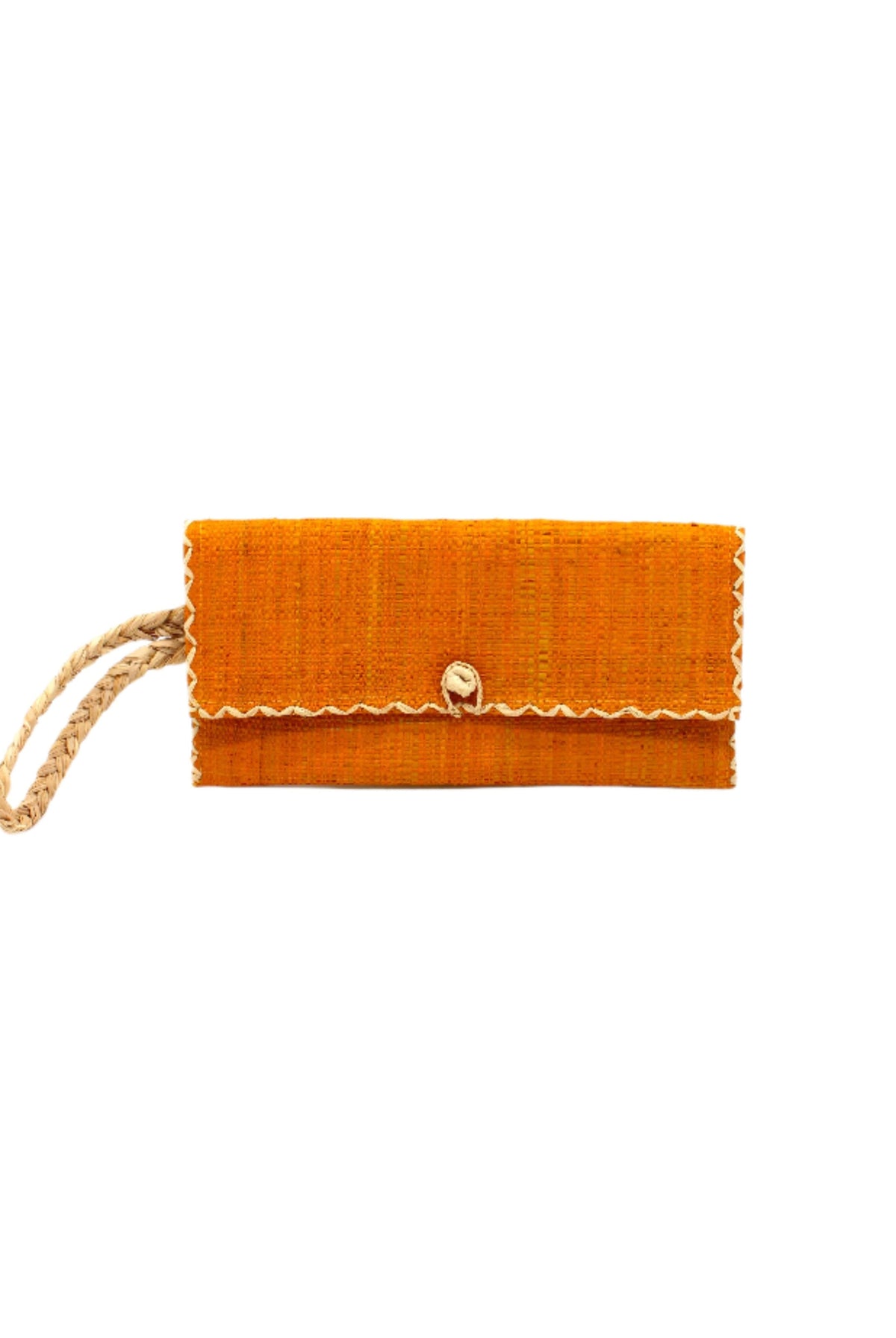 ChiChi Saffron Straw Clutch Bag handmade loomed raffia palm fiber wristlet in saffron yellow/orange color with natural straw color cross stitch edging, button & loop closure, and braided wrist strap - Shebobo