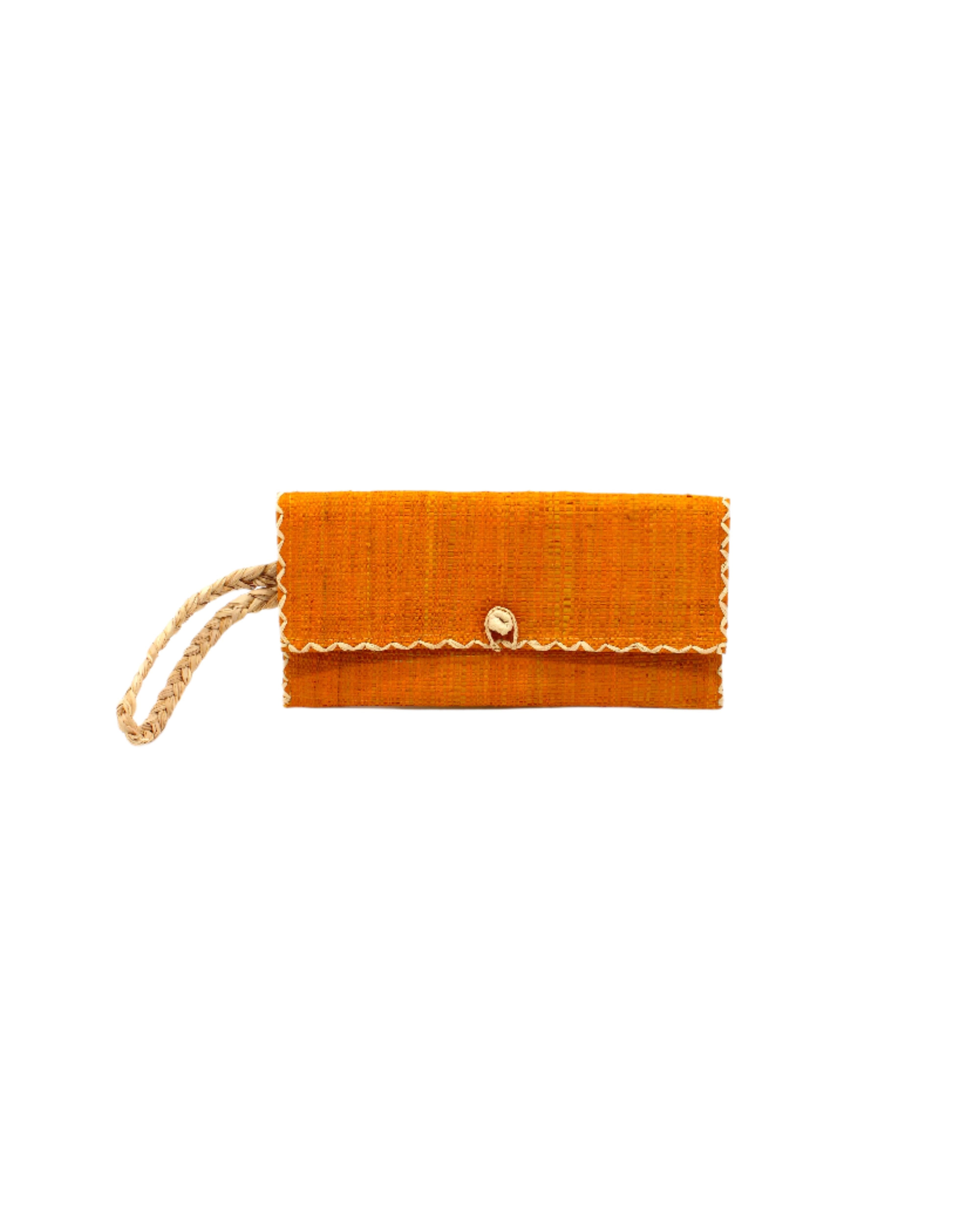 ChiChi Saffron Straw Clutch Bag handmade loomed raffia palm fiber wristlet in saffron yellow/orange color with natural straw color cross stitch edging, button & loop closure, and braided wrist strap - Shebobo