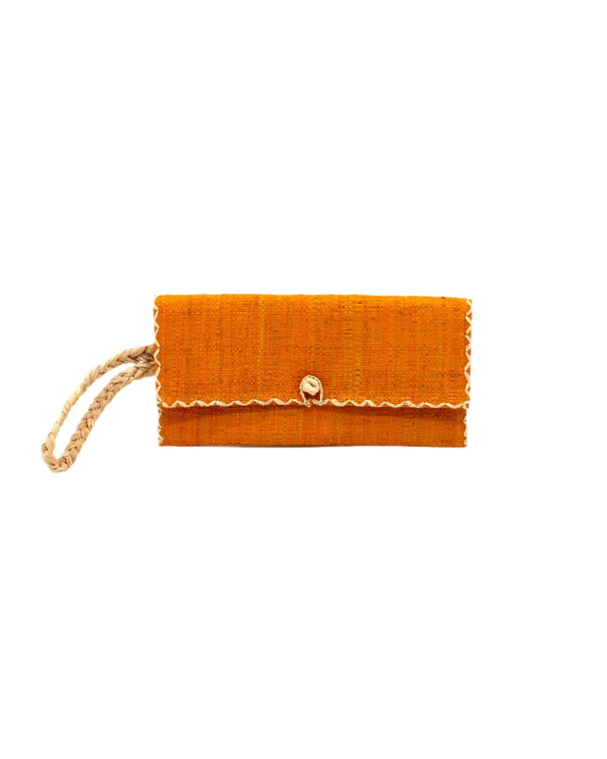 ChiChi Saffron Straw Clutch Bag handmade loomed raffia palm fiber wristlet in saffron yellow/orange color with natural straw color cross stitch edging, button & loop closure, and braided wrist strap - Shebobo