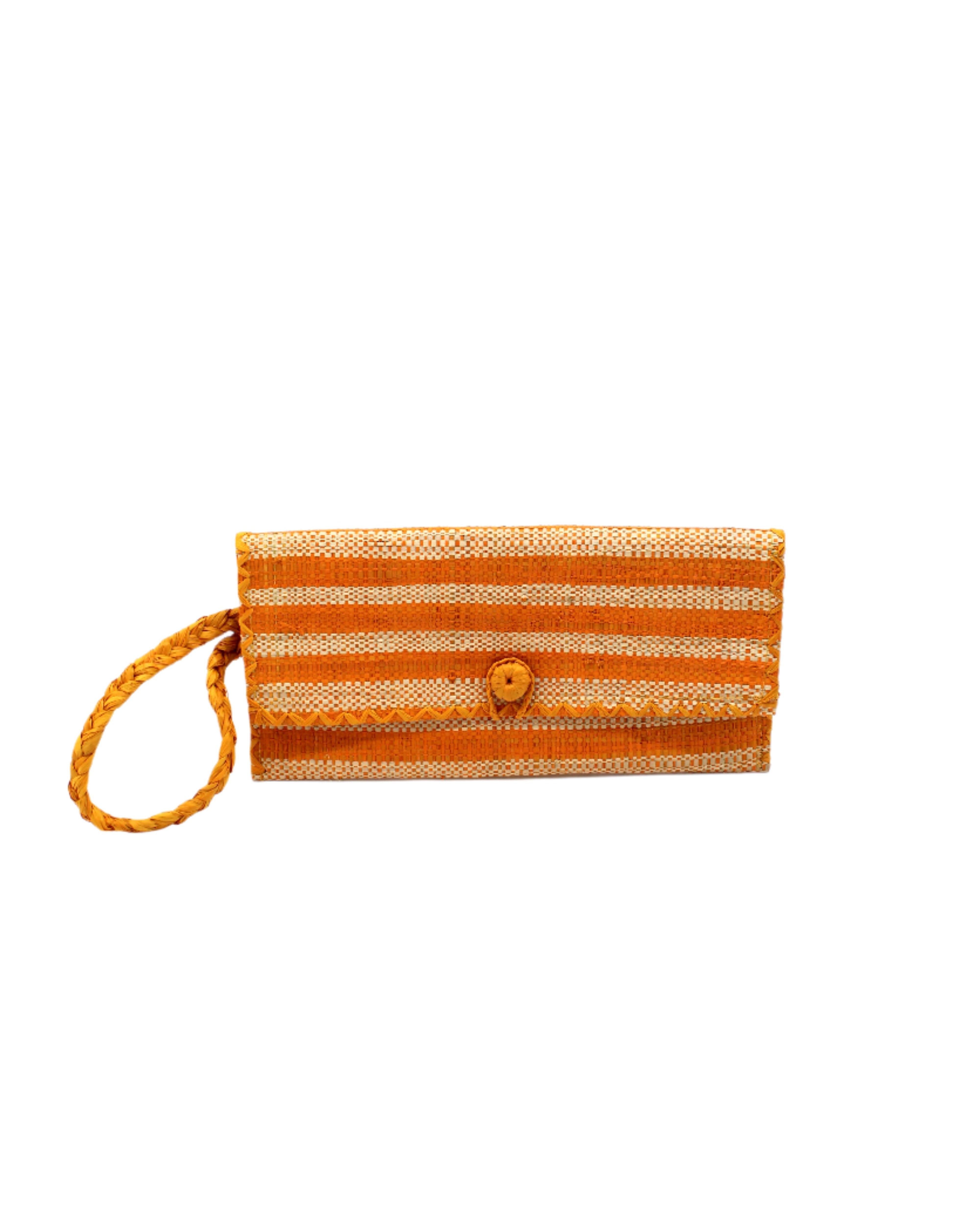 ChiChi Saffron Two Tone Stripe Multicolor Straw Clutch Bag handmade loomed raffia palm fiber wristlet in even-width bands of saffron yellow/orange and natural straw color that create a horizontal stripe pattern with matching color cross stitch edging, button & loop closure, and braided wrist strap - Shebobo
