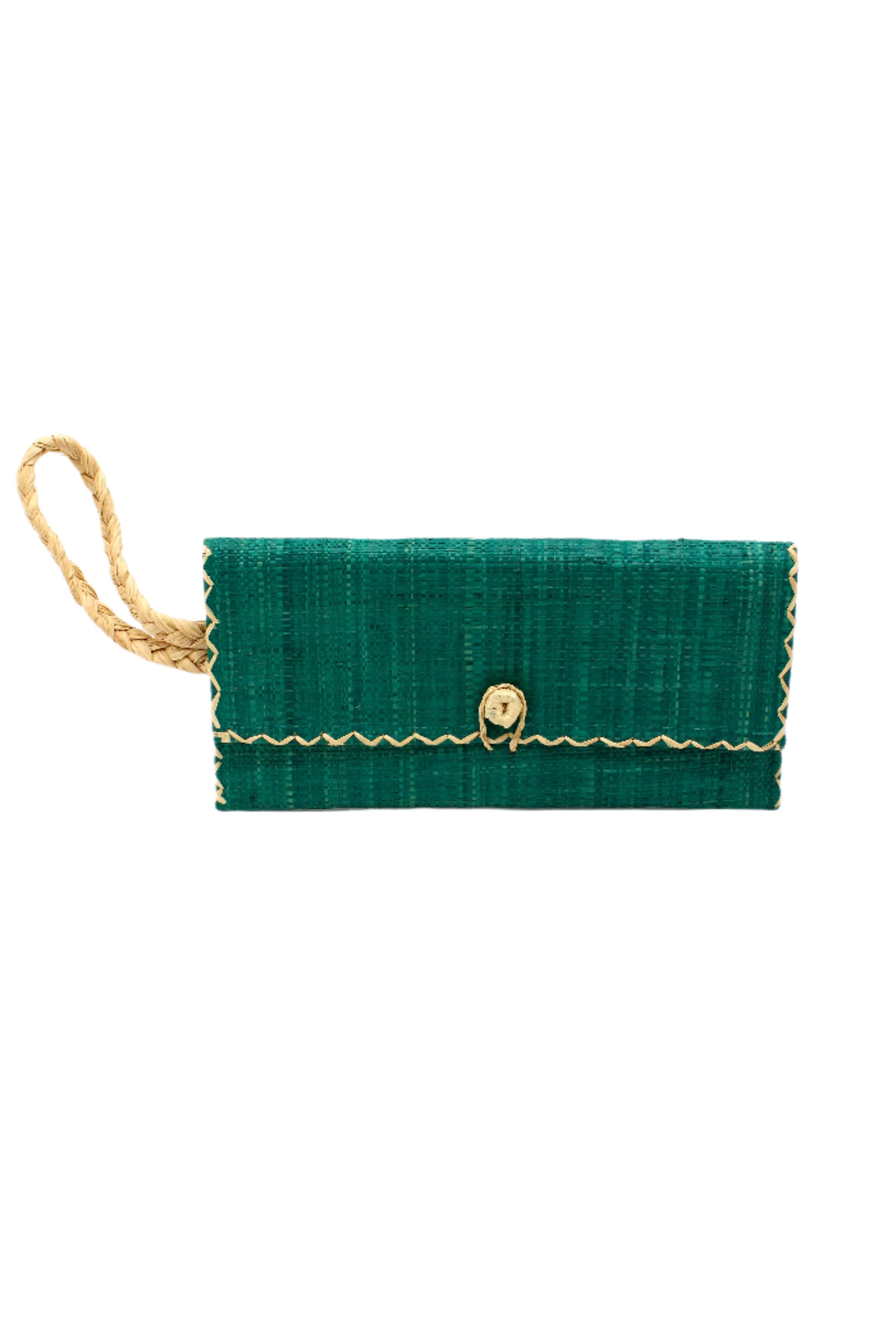ChiChi Teal Straw Clutch Bag handmade loomed raffia palm fiber wristlet in teal blue/green color with natural straw color cross stitch edging, button & loop closure, and braided wrist strap - Shebobo