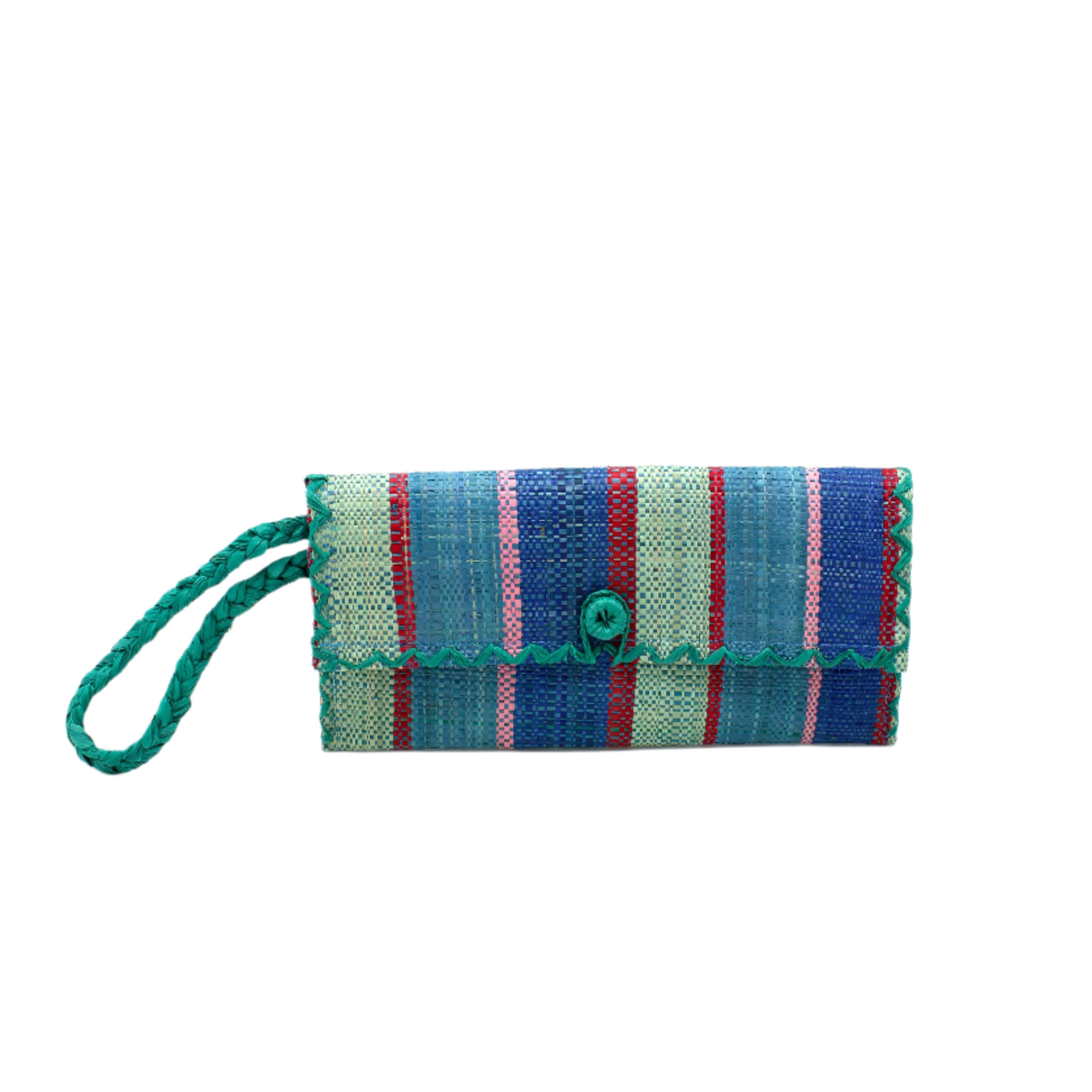 ChiChi Teal Swirl Multicolor Straw Clutch Bag handmade loomed raffia palm fiber wristlet in multi-width bands of teal dark/blue/green, seafoam light/blue/green, navy dark blue, red, and fuchsia pink that create a vertical stripe pattern with teal color cross stitch edging, button & loop closure, and braided wrist strap - Shebobo