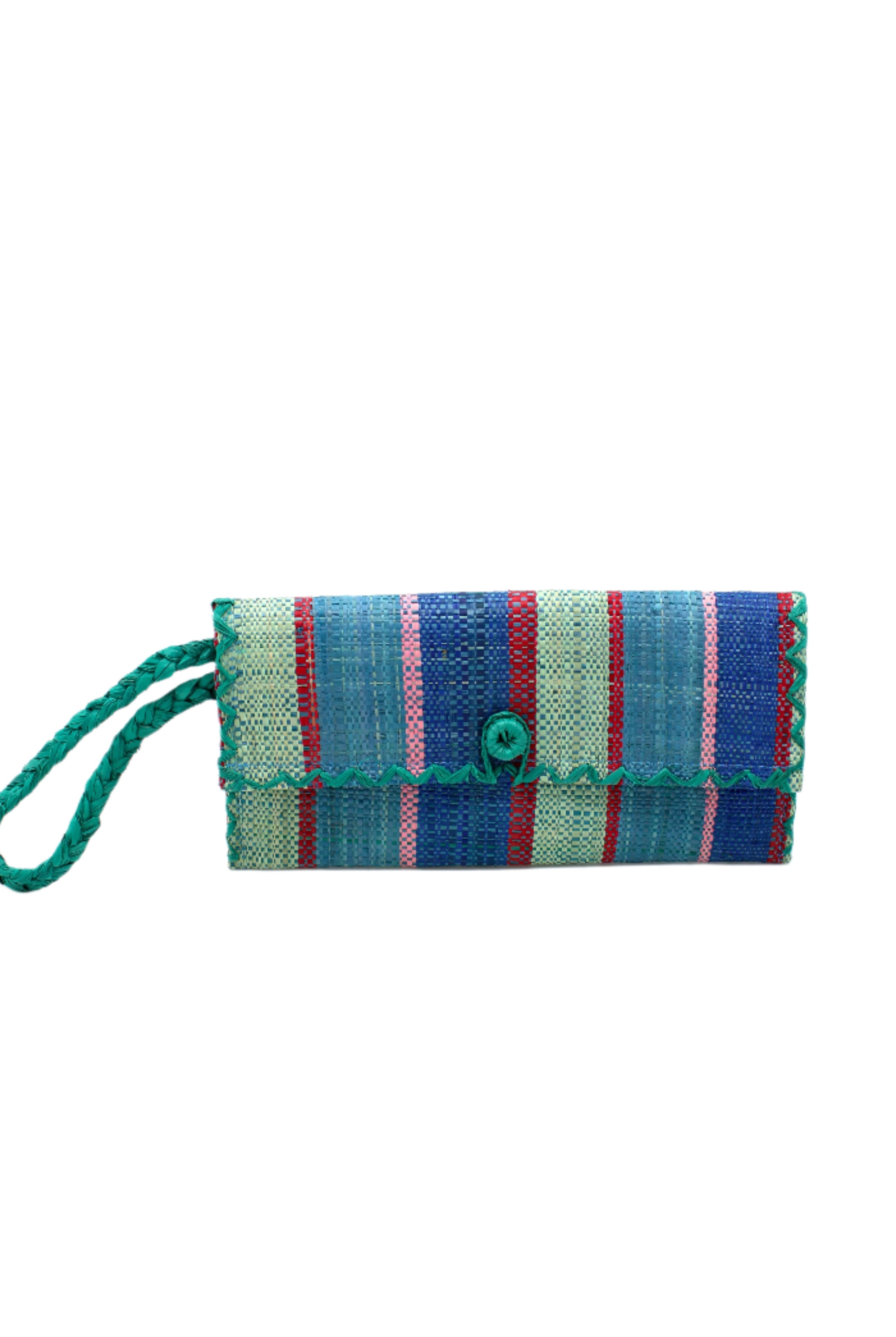 ChiChi Teal Swirl Multicolor Straw Clutch Bag handmade loomed raffia palm fiber wristlet in multi-width bands of teal dark/blue/green, seafoam light/blue/green, navy dark blue, red, and fuchsia pink that create a vertical stripe pattern with teal color cross stitch edging, button & loop closure, and braided wrist strap - Shebobo