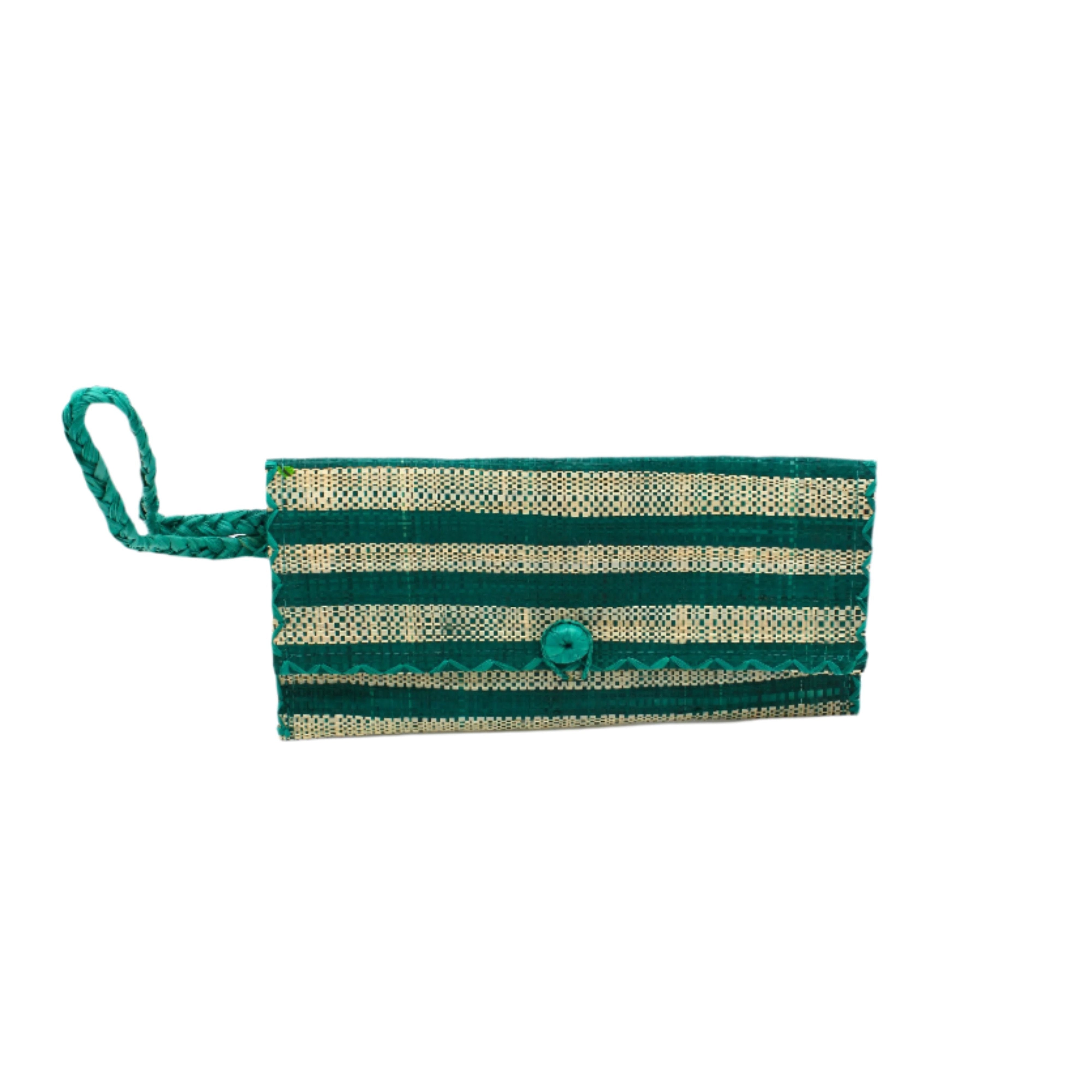 ChiChi Teal Two Tone Stripe Multicolor Straw Clutch Bag handmade loomed raffia palm fiber wristlet in even-width bands of teal dark/blue/green and natural straw color that create a horizontal stripe pattern with matching color cross stitch edging, button & loop closure, and braided wrist strap - Shebobo