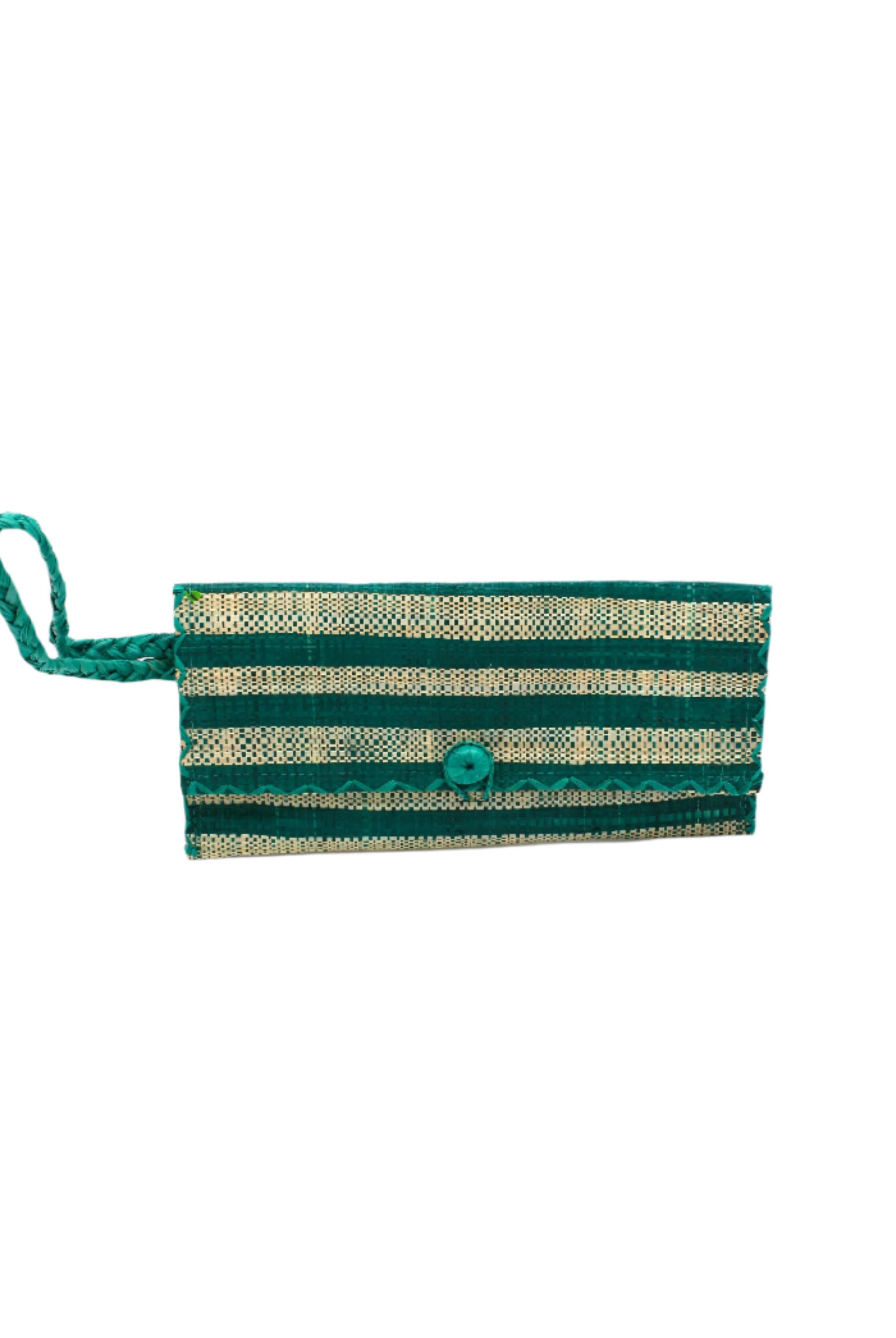 ChiChi Teal Two Tone Stripe Multicolor Straw Clutch Bag handmade loomed raffia palm fiber wristlet in even-width bands of teal dark/blue/green and natural straw color that create a horizontal stripe pattern with matching color cross stitch edging, button & loop closure, and braided wrist strap - Shebobo