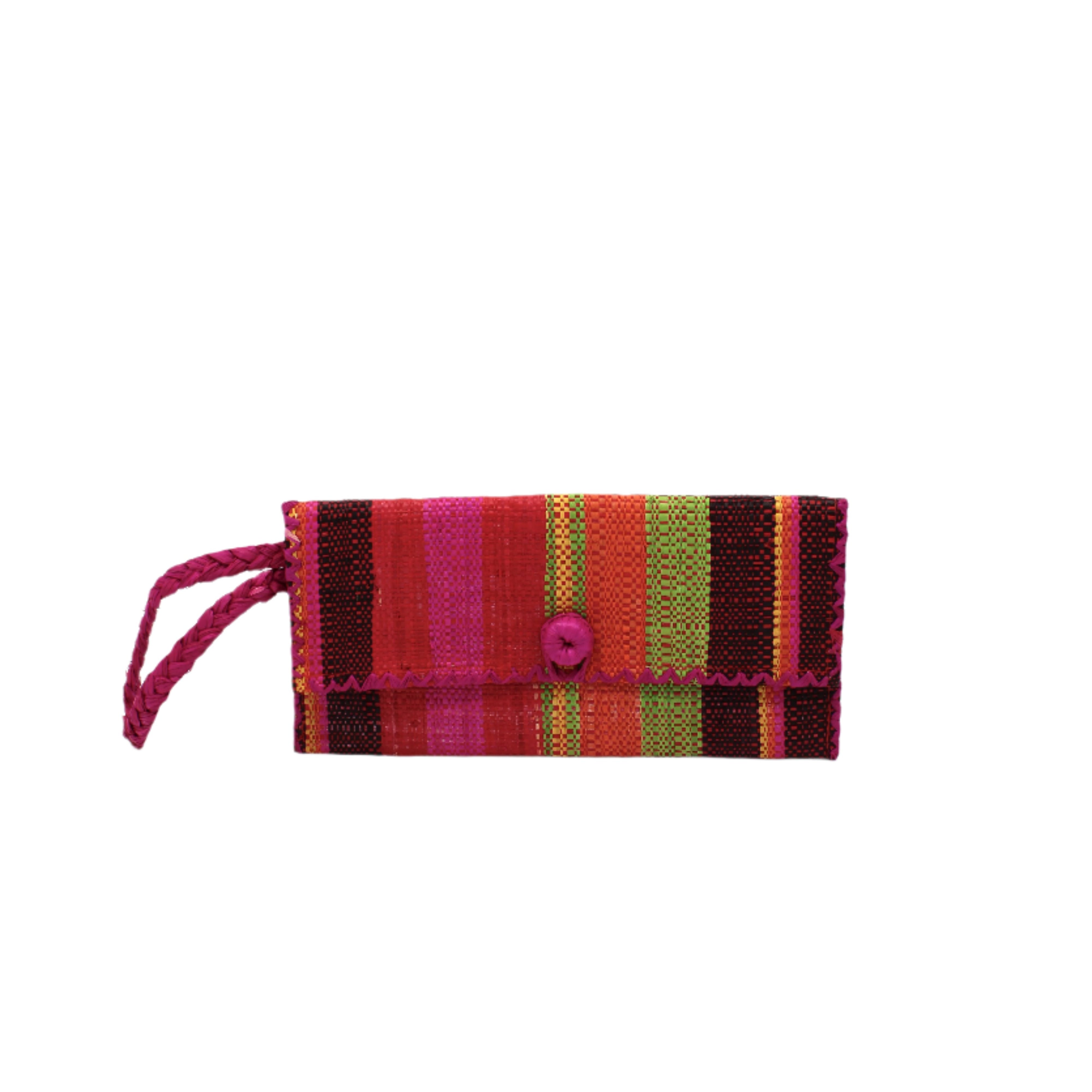 ChiChi Watermelon Swirl Multicolor Straw Clutch Bag handmade loomed raffia palm fiber wristlet in multi-width bands of black, yellow, lime green, red, orange, and fuchsia pink that create a vertical stripe pattern with fuchsia color cross stitch edging, button & loop closure, and braided wrist strap - Shebobo