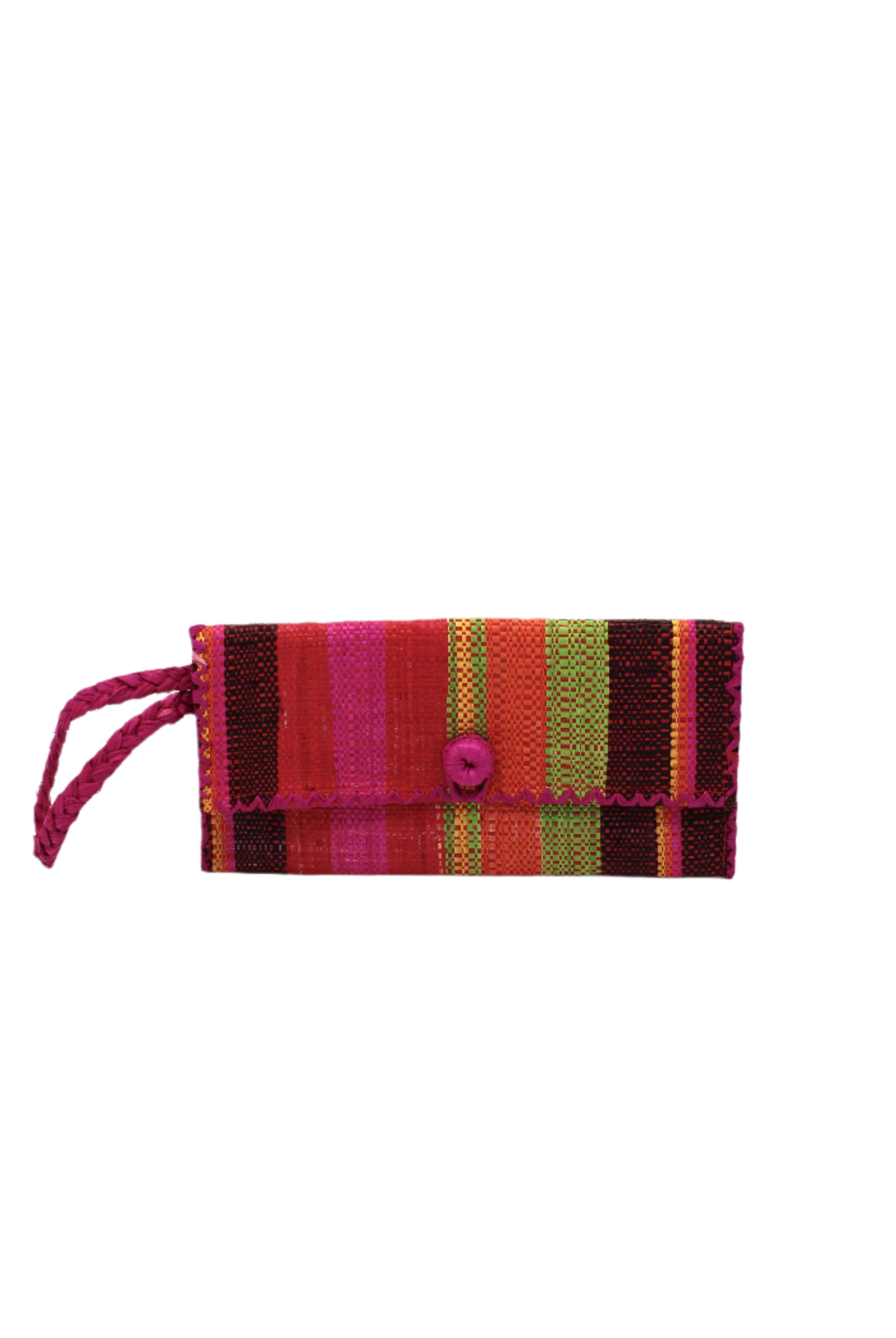 ChiChi Watermelon Swirl Multicolor Straw Clutch Bag handmade loomed raffia palm fiber wristlet in multi-width bands of black, yellow, lime green, red, orange, and fuchsia pink that create a vertical stripe pattern with fuchsia color cross stitch edging, button & loop closure, and braided wrist strap - Shebobo