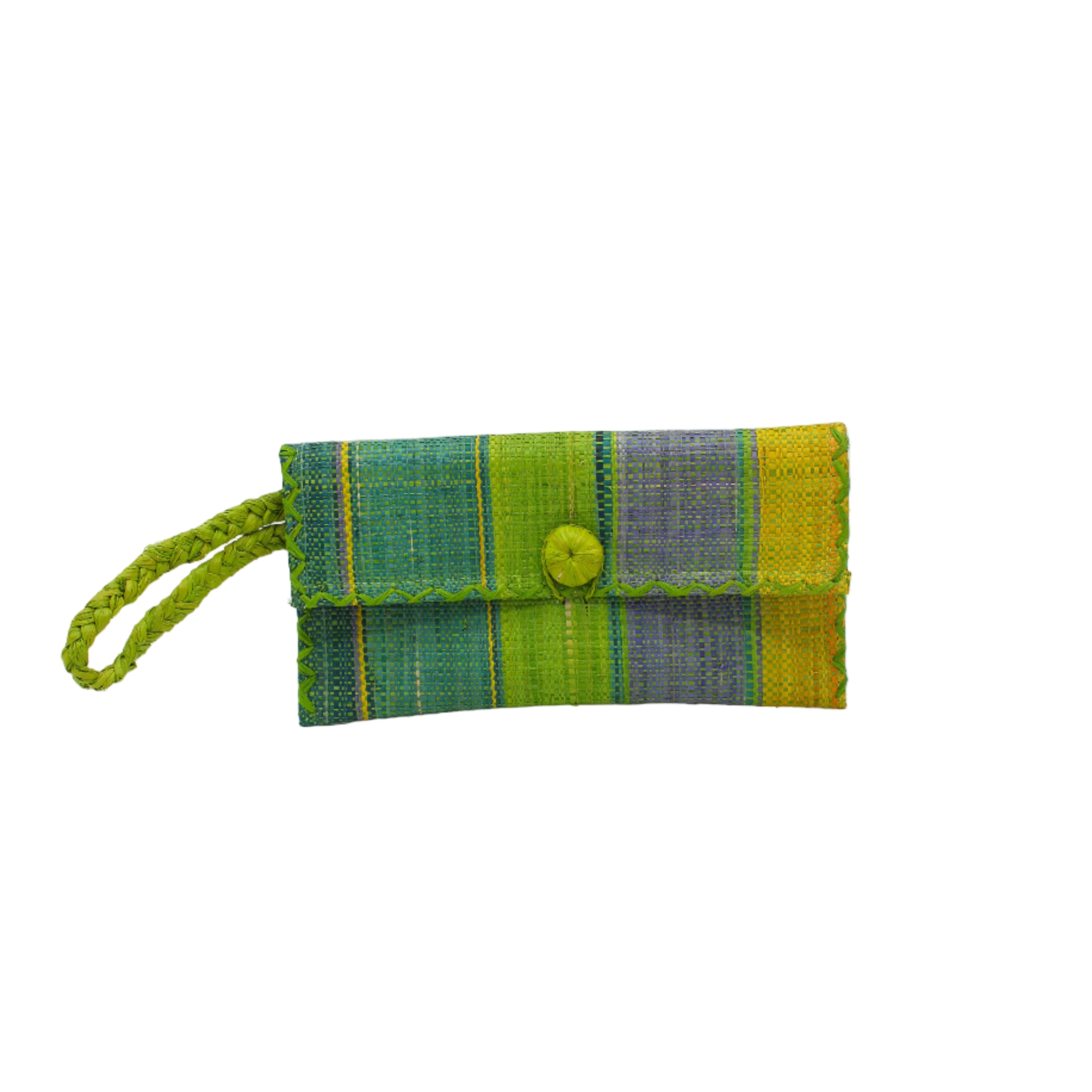 ChiChi Izarra Swirl Multicolor Straw Clutch Bag handmade loomed raffia palm fiber wristlet in multi-width bands of yellow, teal dark/blue/green, denim retro/light/blue, midori lime/bright/neon/green, turquoise blue/green, dusk navy/dark/blue that create a vertical stripe pattern with teal color cross stitch edging, button & loop closure, and braided wrist strap - Shebobo