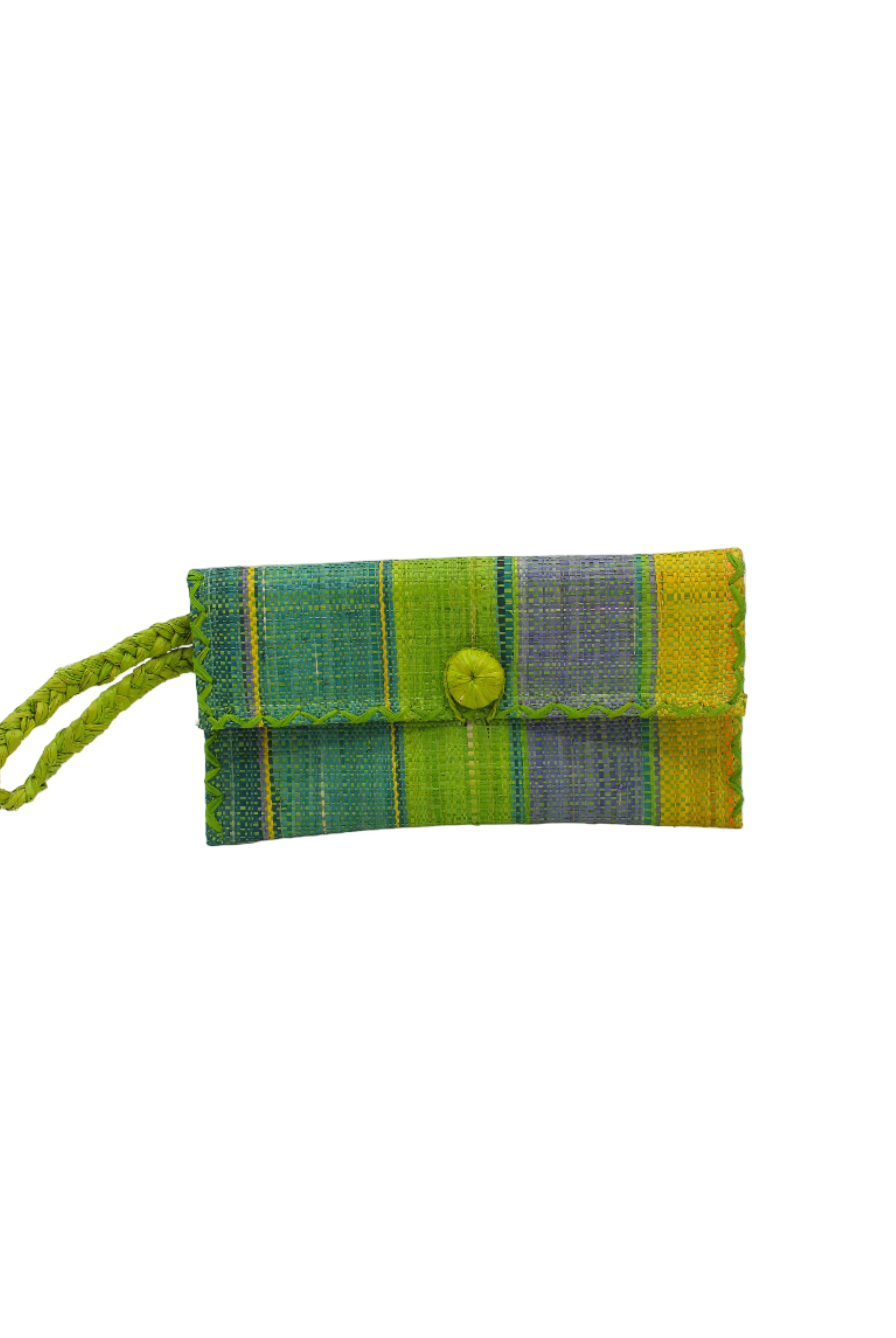 ChiChi Izarra Swirl Multicolor Straw Clutch Bag handmade loomed raffia palm fiber wristlet in multi-width bands of yellow, teal dark/blue/green, denim retro/light/blue, midori lime/bright/neon/green, turquoise blue/green, dusk navy/dark/blue that create a vertical stripe pattern with teal color cross stitch edging, button & loop closure, and braided wrist strap - Shebobo