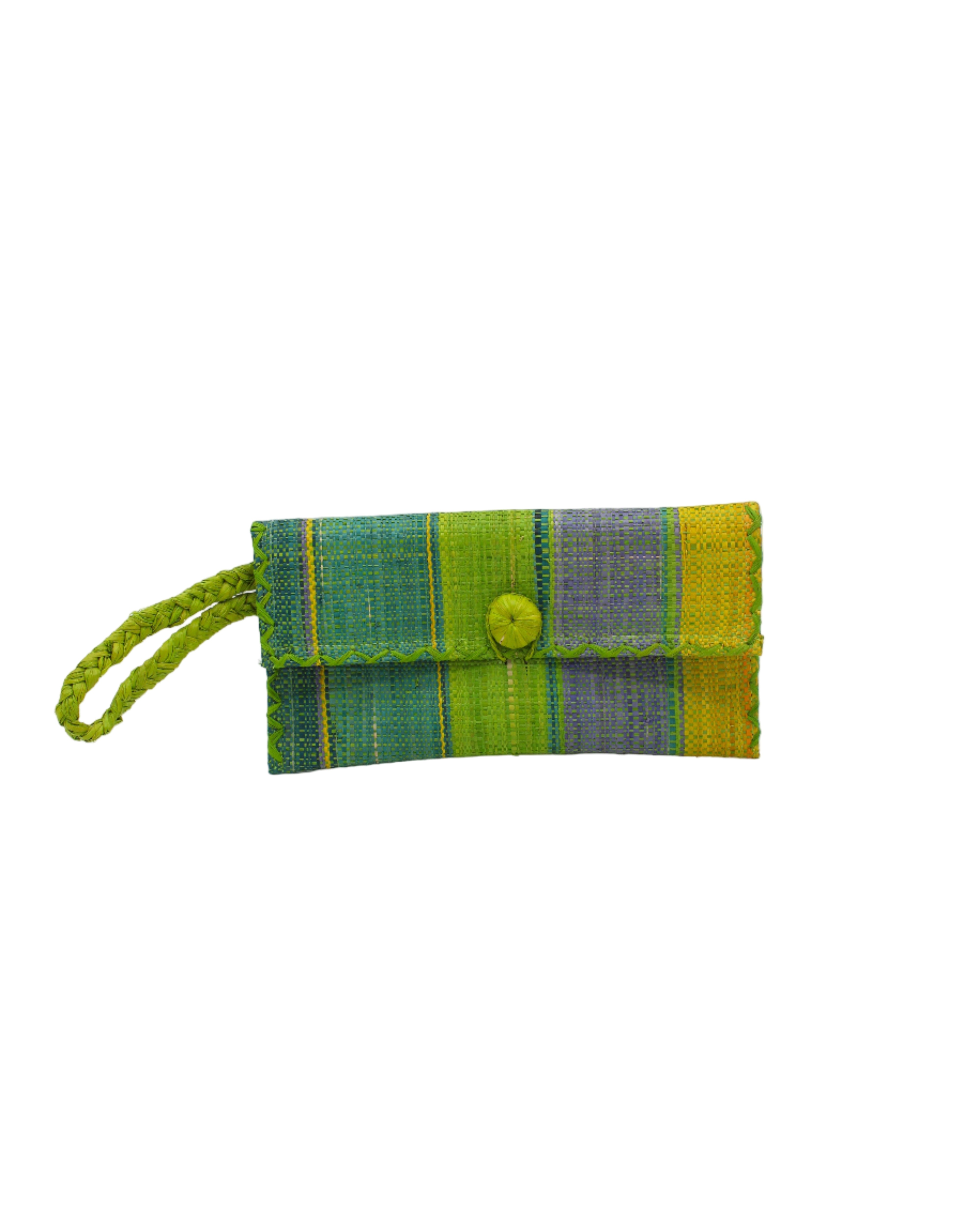 ChiChi Izarra Swirl Multicolor Straw Clutch Bag handmade loomed raffia palm fiber wristlet in multi-width bands of yellow, teal dark/blue/green, denim retro/light/blue, midori lime/bright/neon/green, turquoise blue/green, dusk navy/dark/blue that create a vertical stripe pattern with teal color cross stitch edging, button & loop closure, and braided wrist strap - Shebobo