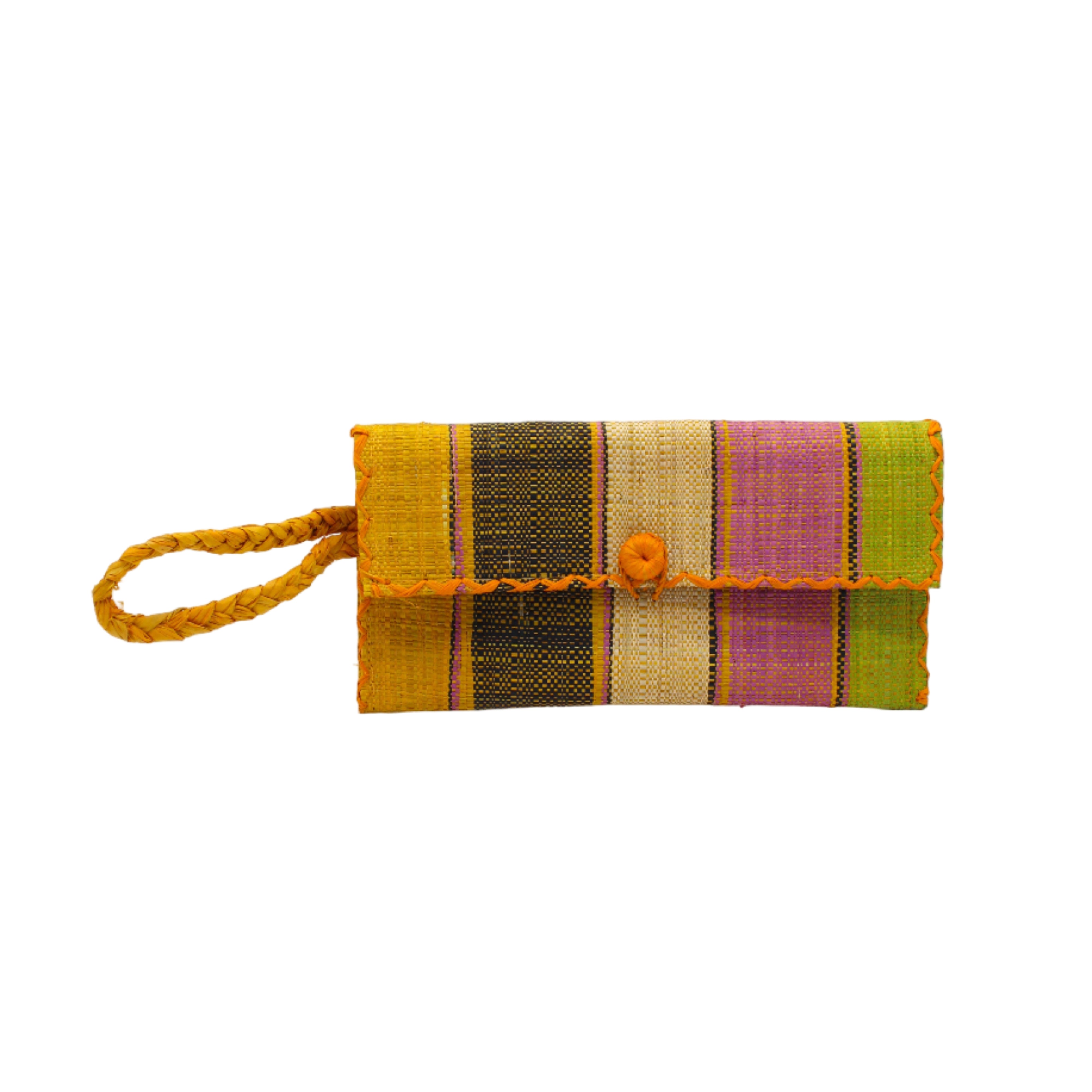 ChiChi Lemonade Swirl Multicolor Straw Clutch Bag handmade loomed raffia palm fiber wristlet in multi-width bands of saffron yellow/orange, black, midori lime/bright/neon/green, wisteria lilac/light/purple/pink, and natural straw color that create a vertical stripe pattern with teal color cross stitch edging, button & loop closure, and braided wrist strap - Shebobo