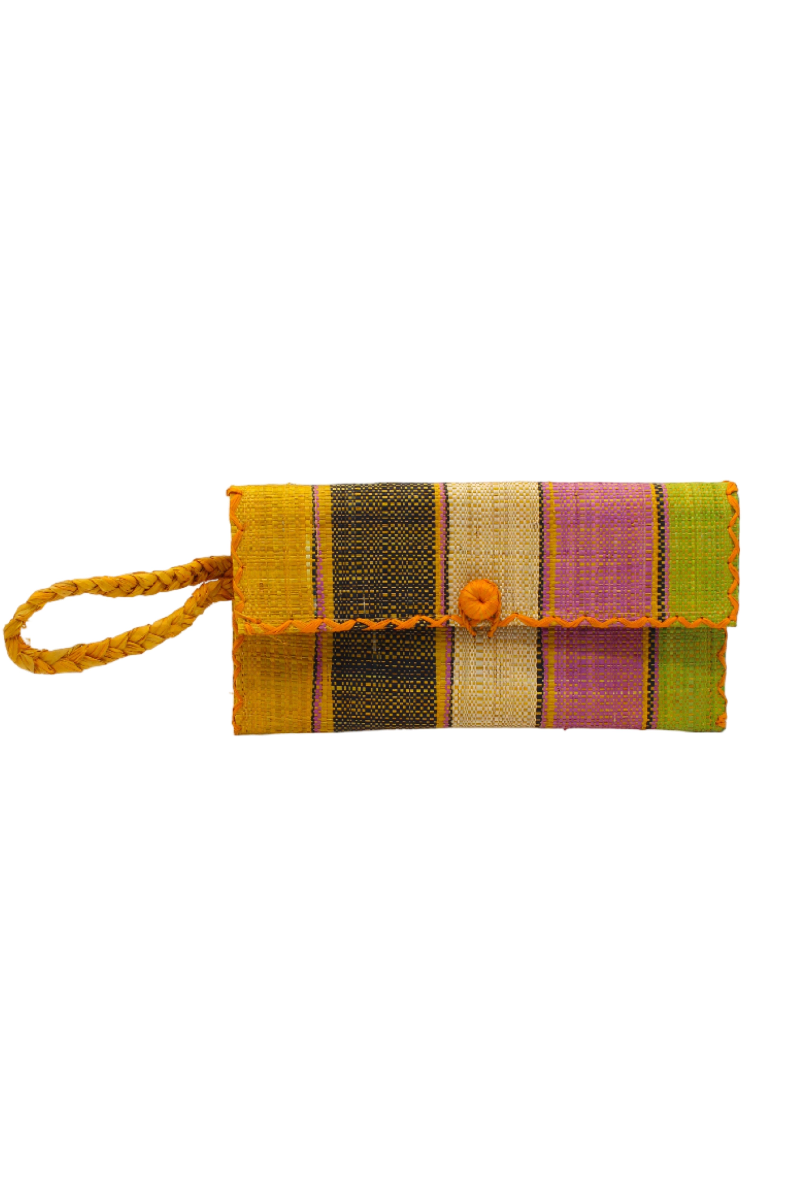 ChiChi Lemonade Swirl Multicolor Straw Clutch Bag handmade loomed raffia palm fiber wristlet in multi-width bands of saffron yellow/orange, black, midori lime/bright/neon/green, wisteria lilac/light/purple/pink, and natural straw color that create a vertical stripe pattern with teal color cross stitch edging, button & loop closure, and braided wrist strap - Shebobo