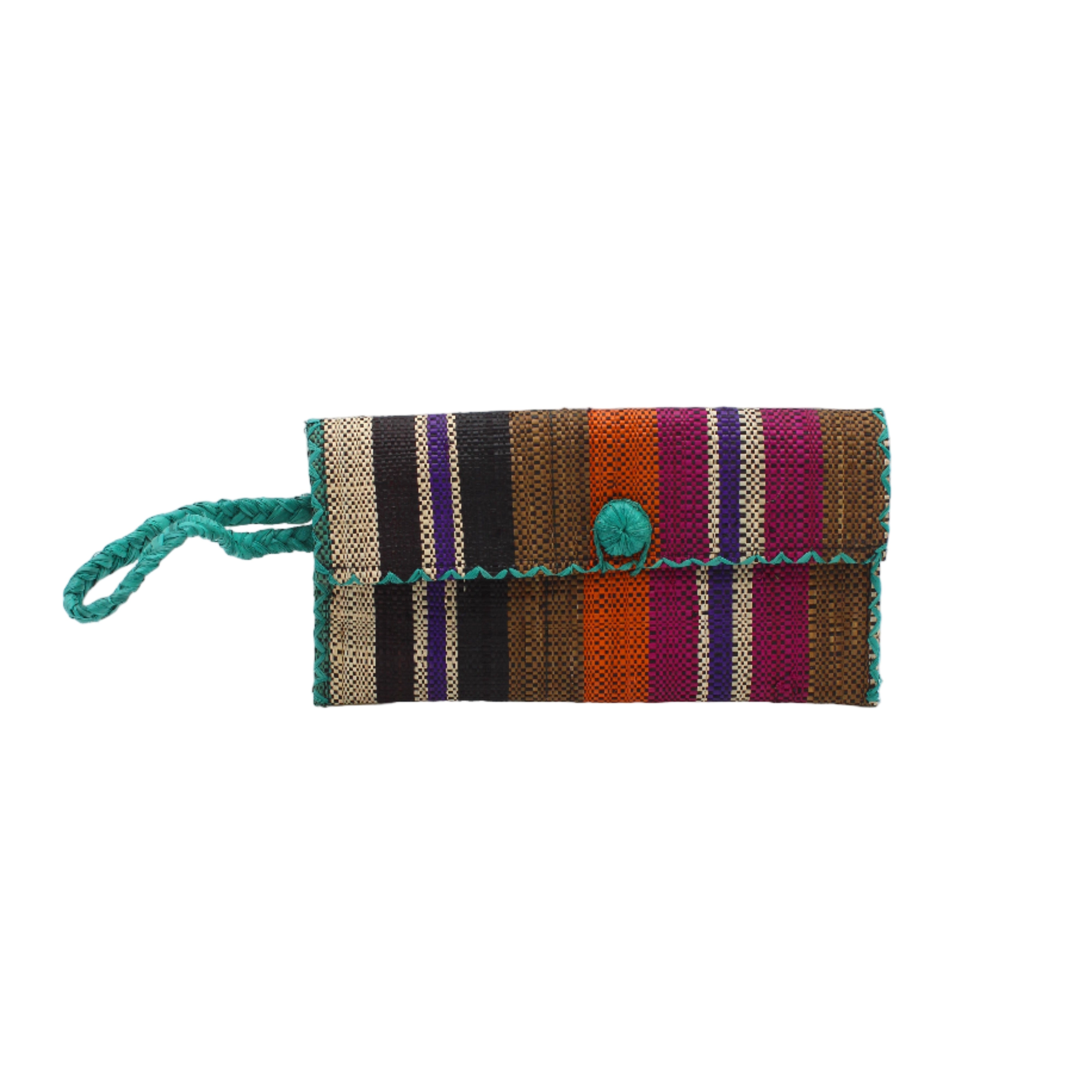ChiChi Revel Swirl Multicolor Straw Clutch Bag handmade loomed raffia palm fiber wristlet in multi-width bands of teal dark/blue/green, fuchsia hot/bright/barbie/pink, deep purple, black, coral orange/red, cinnamon tobacco/dark/brown, and natural straw color that create a vertical stripe pattern with teal color cross stitch edging, button & loop closure, and braided wrist strap - Shebobo