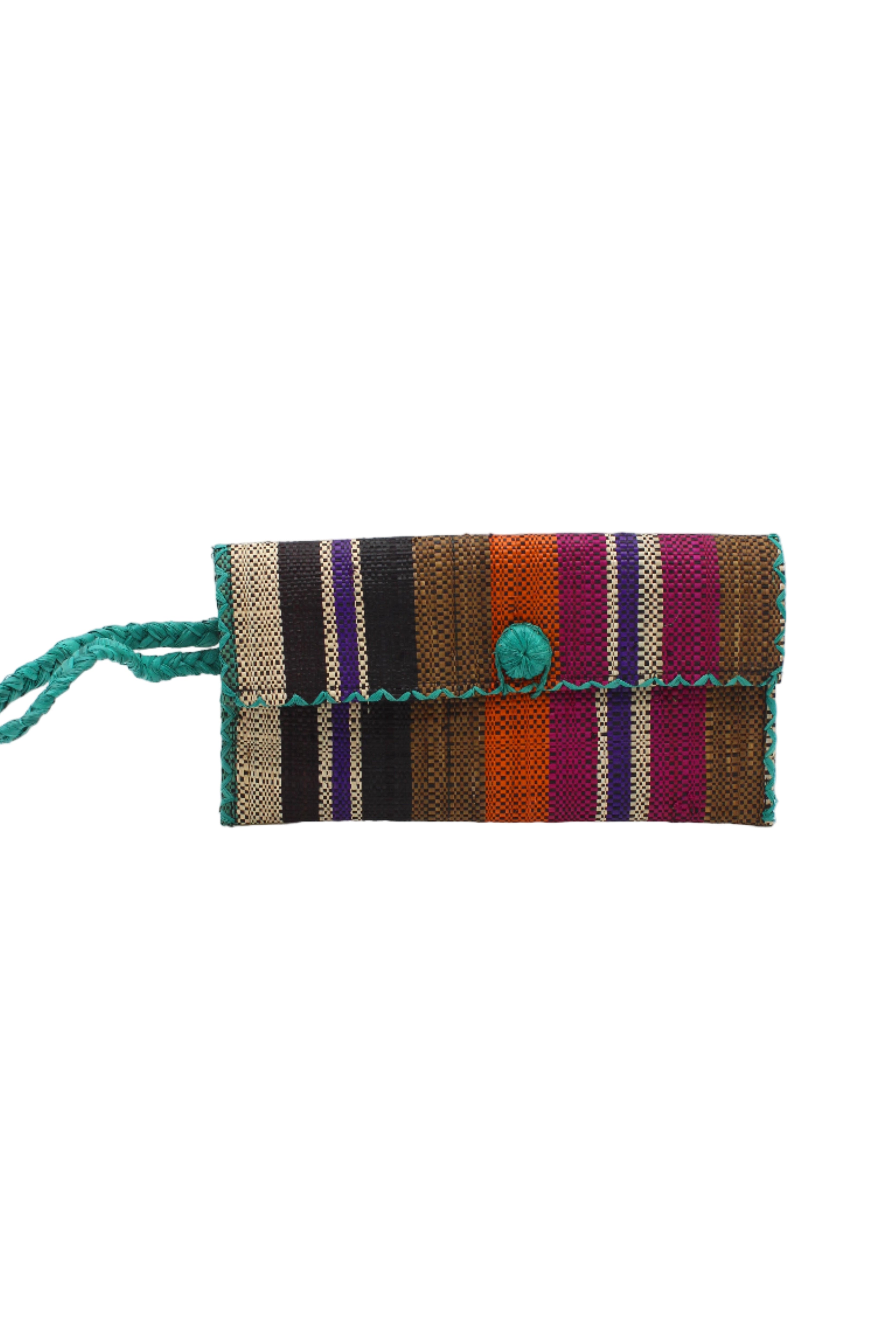 ChiChi Revel Swirl Multicolor Straw Clutch Bag handmade loomed raffia palm fiber wristlet in multi-width bands of teal dark/blue/green, fuchsia hot/bright/barbie/pink, deep purple, black, coral orange/red, cinnamon tobacco/dark/brown, and natural straw color that create a vertical stripe pattern with teal color cross stitch edging, button & loop closure, and braided wrist strap - Shebobo