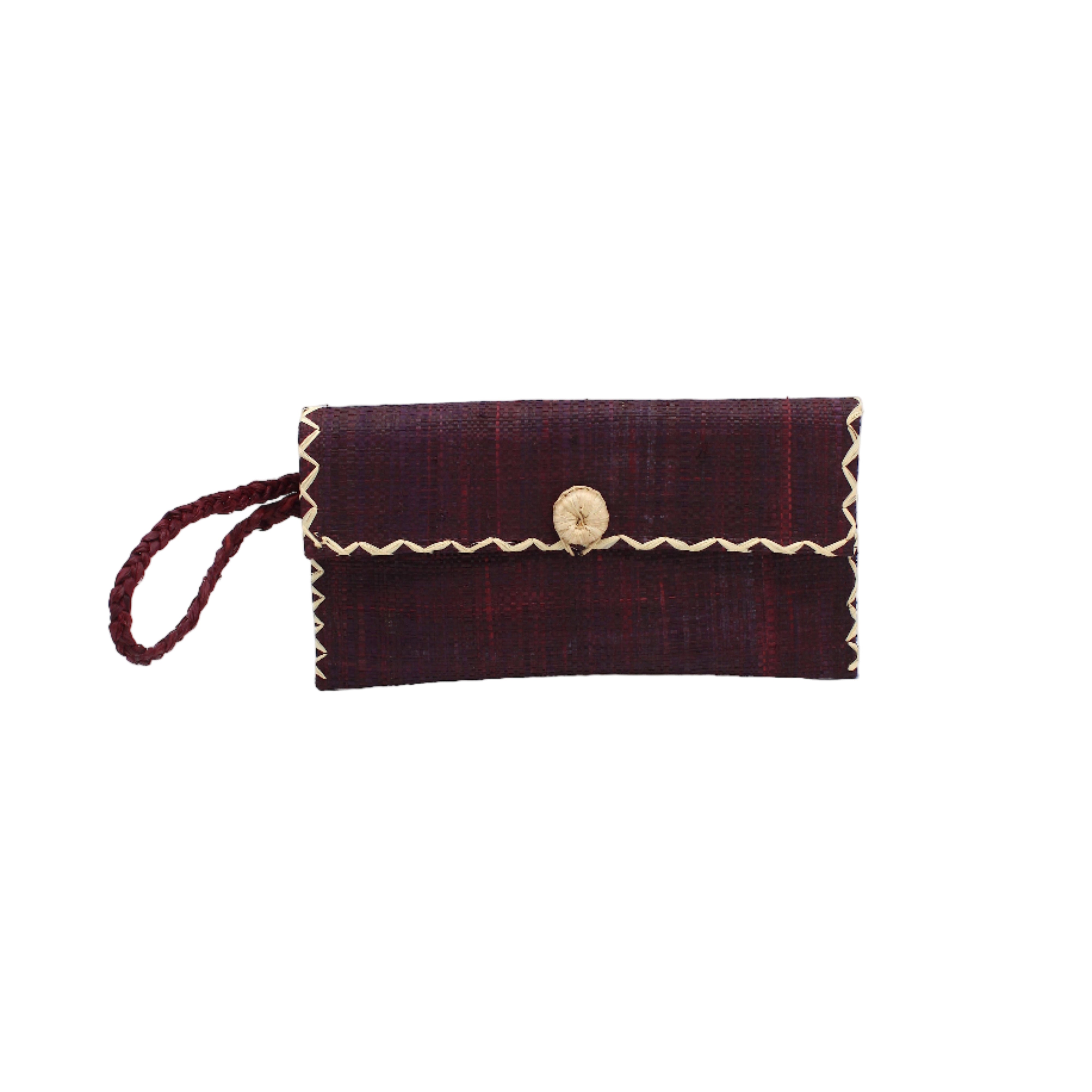ChiChi Umberwine Straw Clutch Bag handmade loomed raffia palm fiber wristlet in umberwine bordeaux/claret/deep/dark/red/purple color with natural straw color cross stitch edging, button & loop closure, and braided wrist strap - Shebobo