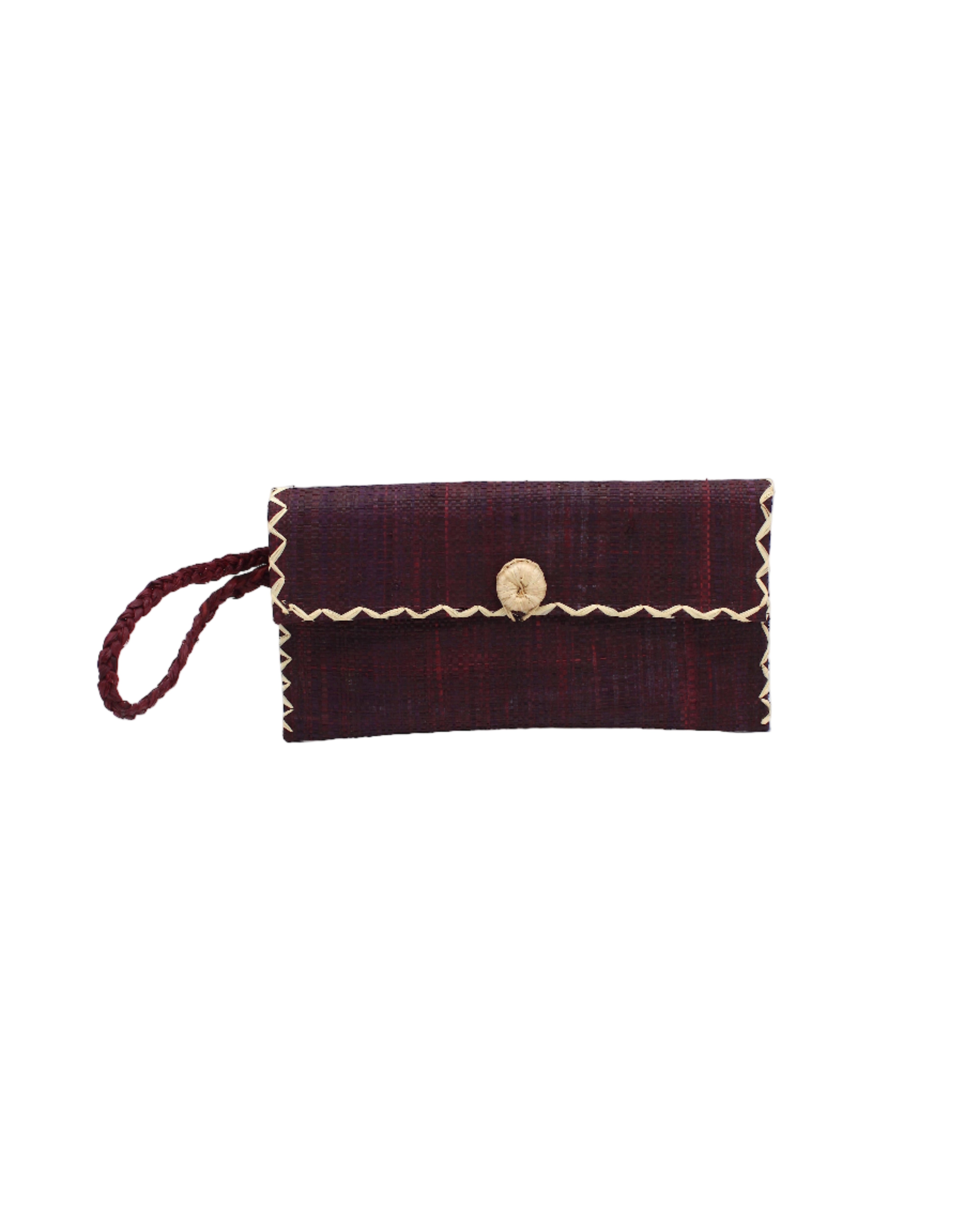 ChiChi Umberwine Straw Clutch Bag handmade loomed raffia palm fiber wristlet in umberwine bordeaux/claret/deep/dark/red/purple color with natural straw color cross stitch edging, button & loop closure, and braided wrist strap - Shebobo